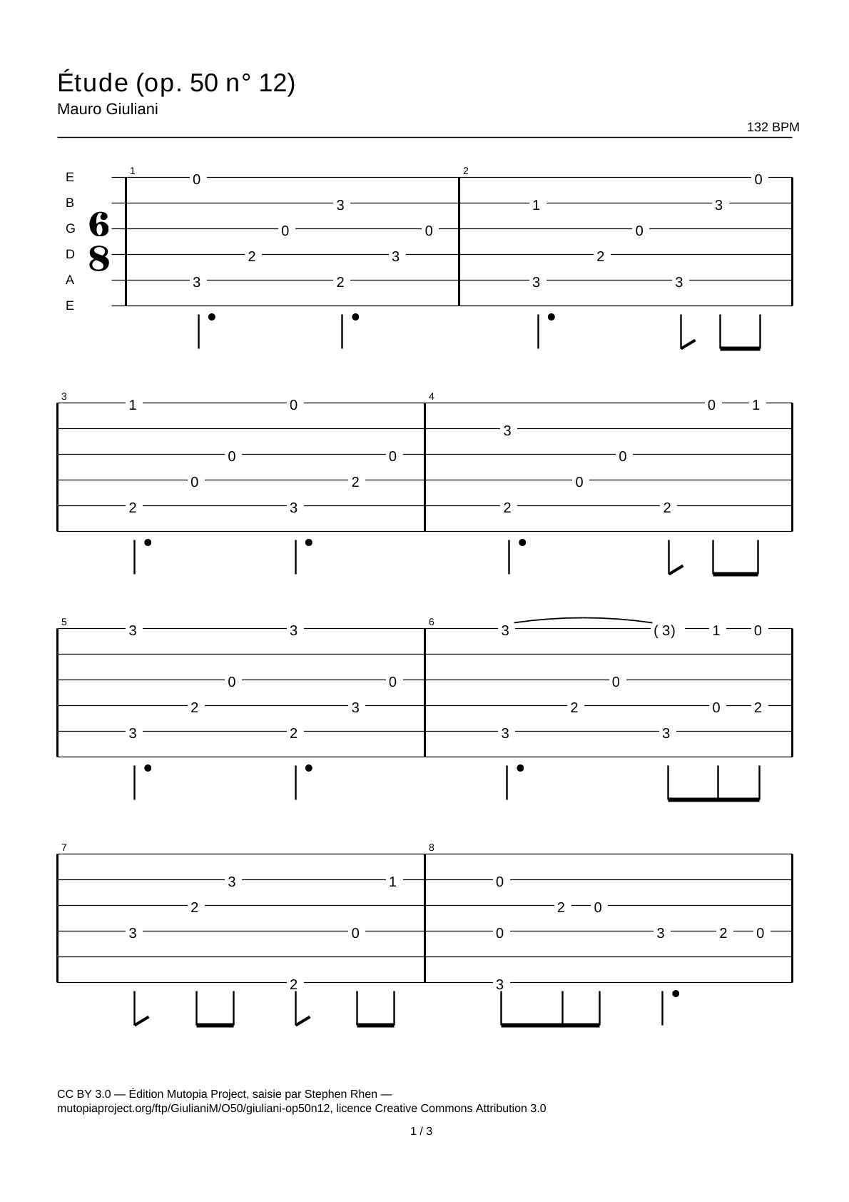 Estudio (op. 50 n.º 12) — Tablatura de guitarra