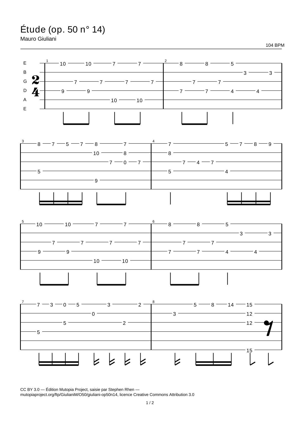 Estudio (op. 50 n.º 14) — Tablatura de guitarra