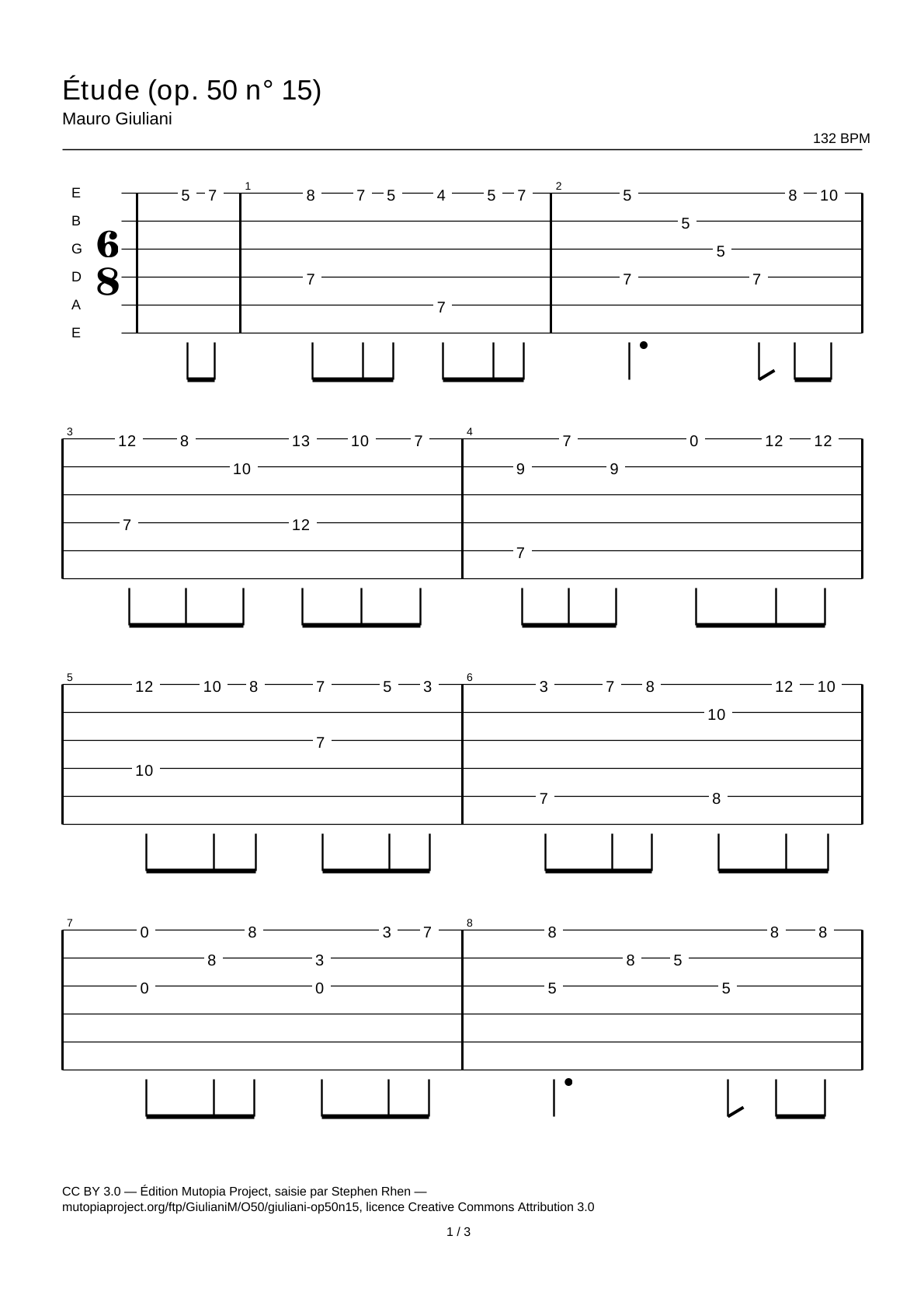 Estudio (op. 50 n.º 15) — Tablatura de guitarra