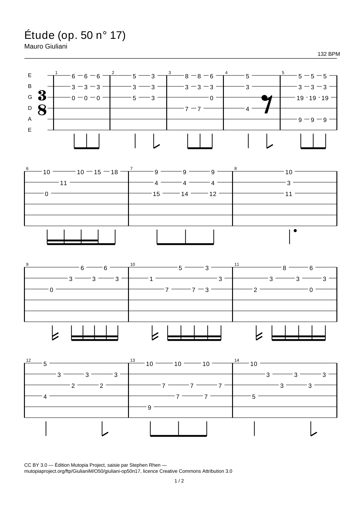 Estudio (op. 50 n.º 17) — Tablatura de guitarra