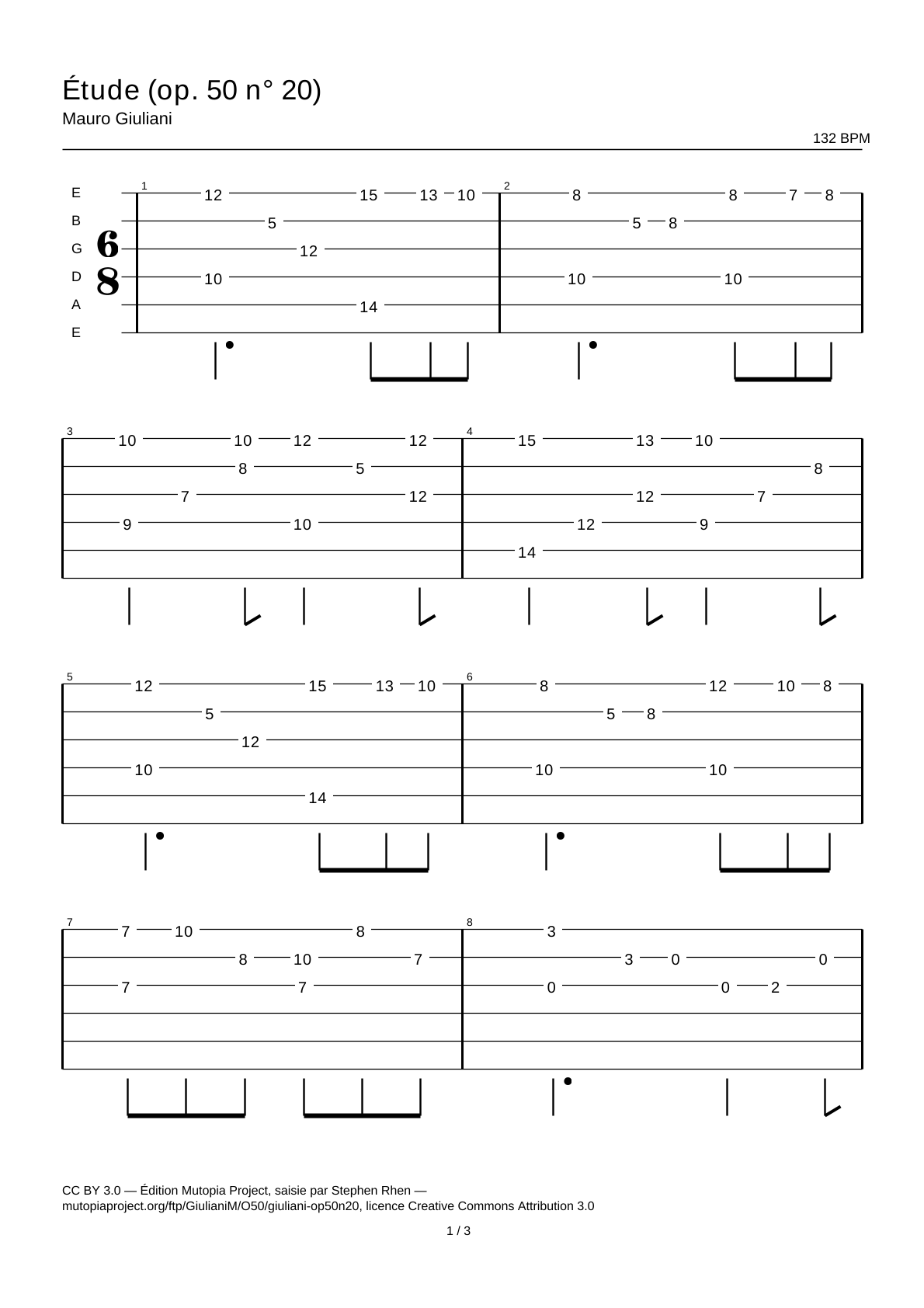 Estudio (op. 50 n.º 20) — Tablatura de guitarra