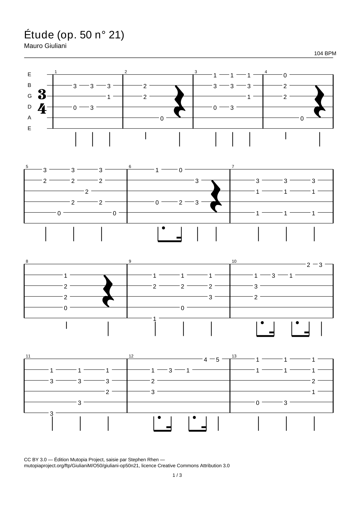 Étude (op. 50 n° 21) — Tablature guitare