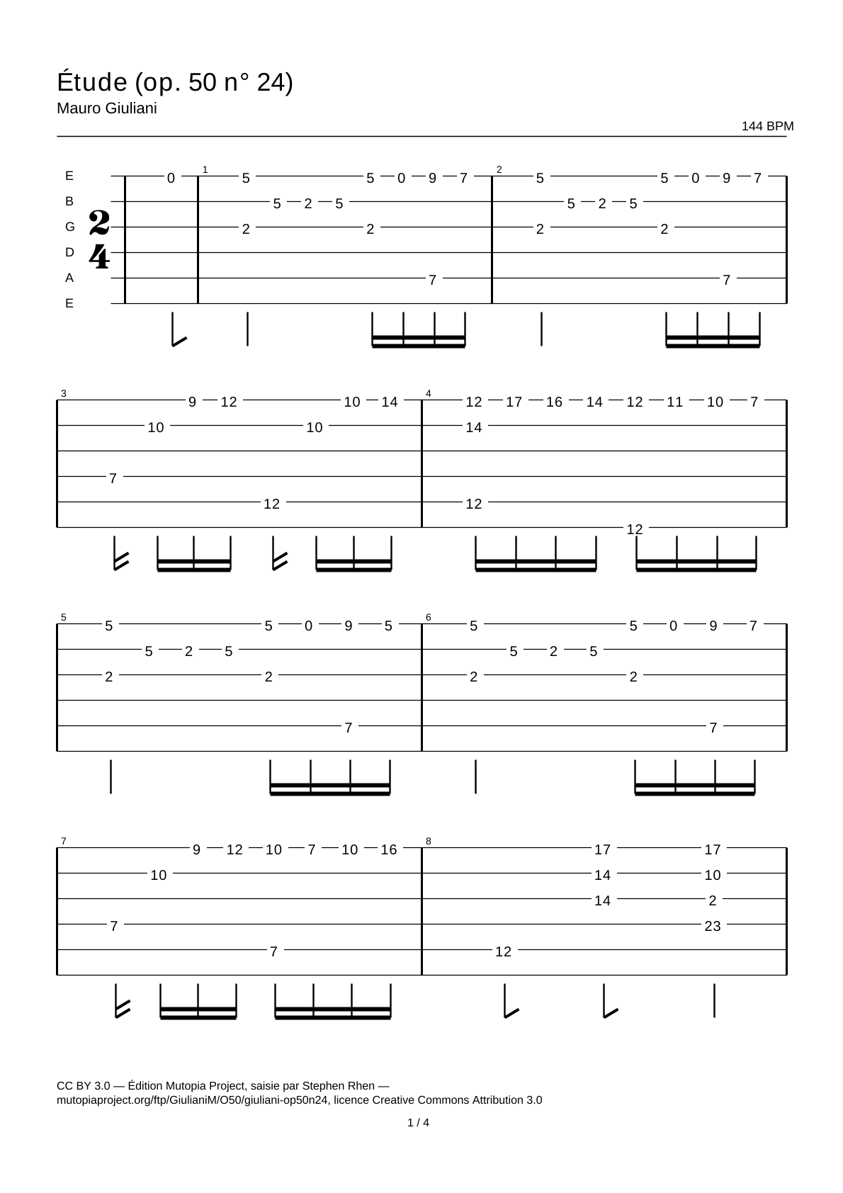 Estudio (op. 50 n.º 24) — Tablatura de guitarra
