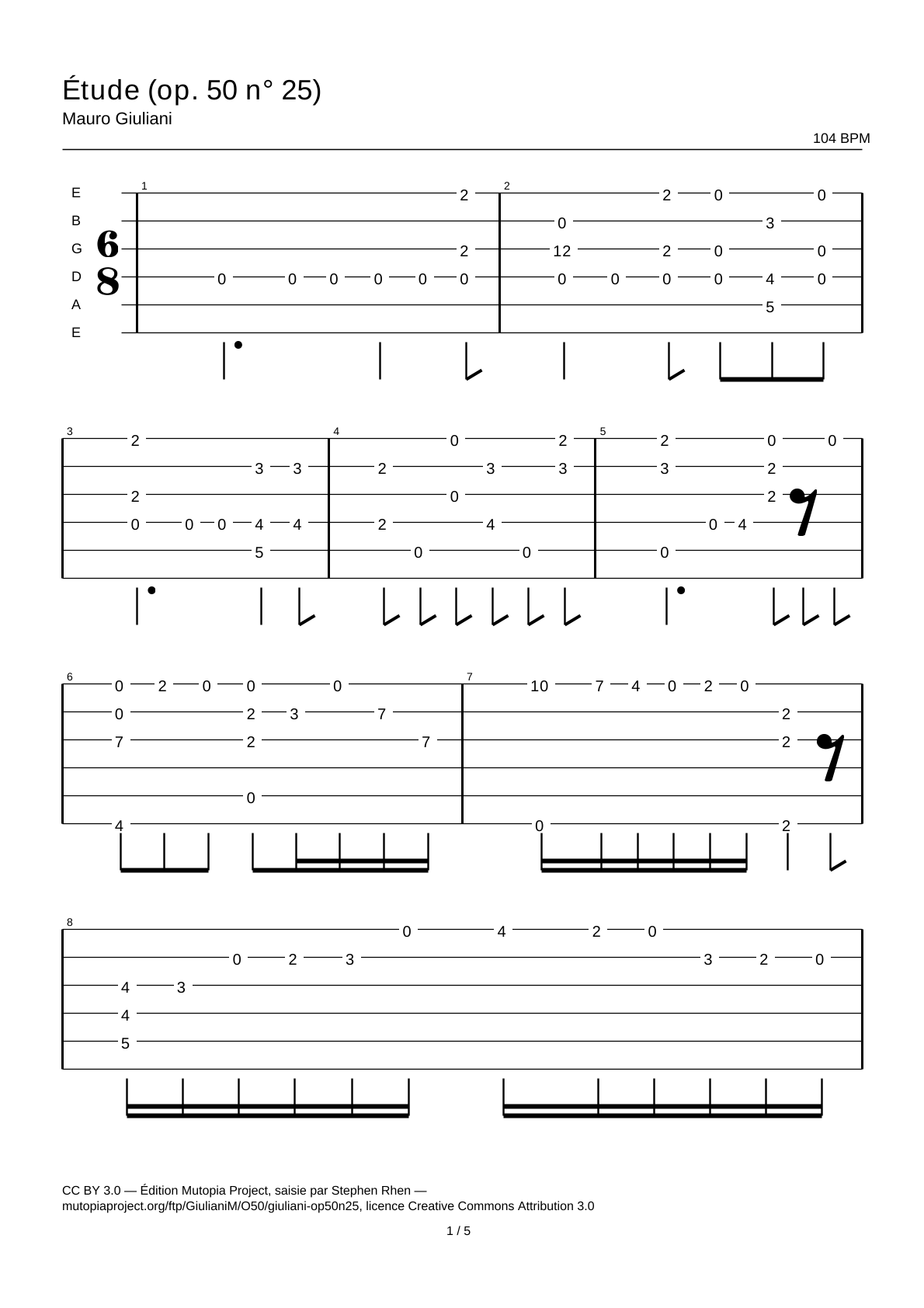 Estudio (op. 50 n.º 25) — Tablatura de guitarra