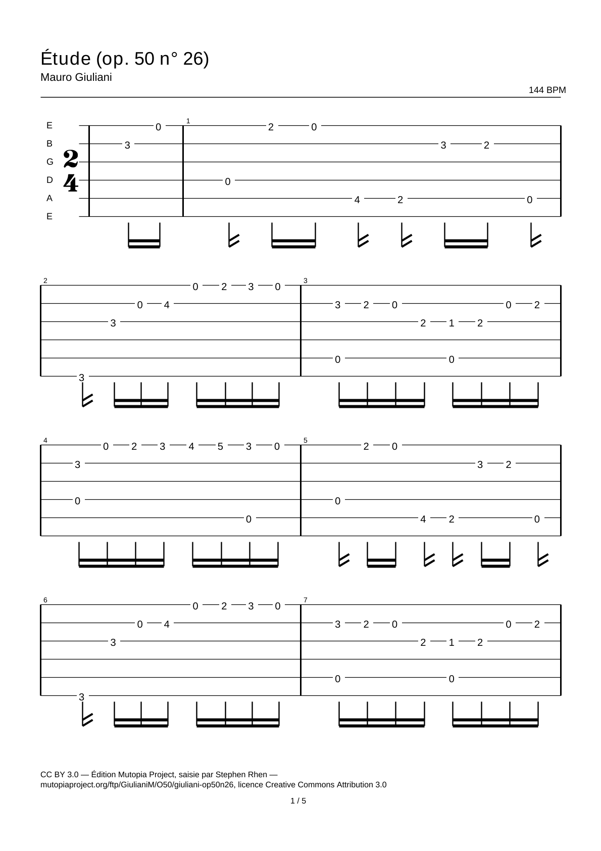 Estudio (op. 50 n.º 26) — Tablatura de guitarra