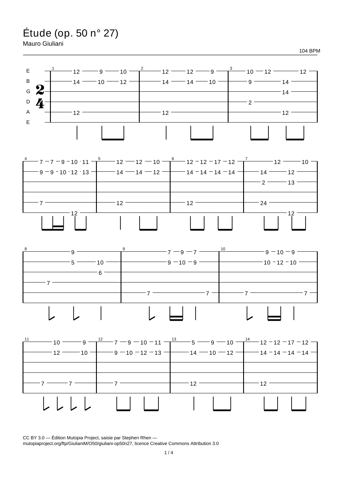 Estudio (op. 50 n.º 27) — Tablatura de guitarra