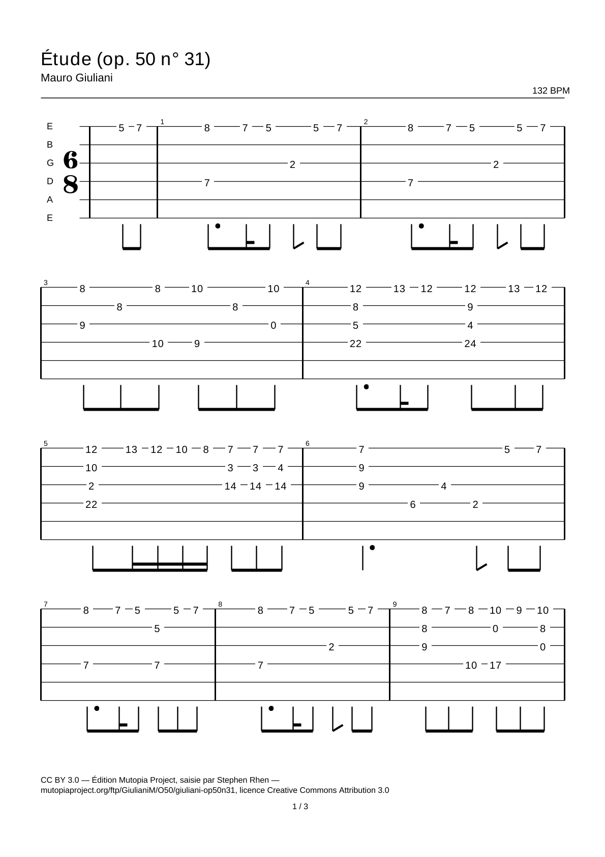 Estudio (op. 50 n.º 31) — Tablatura de guitarra