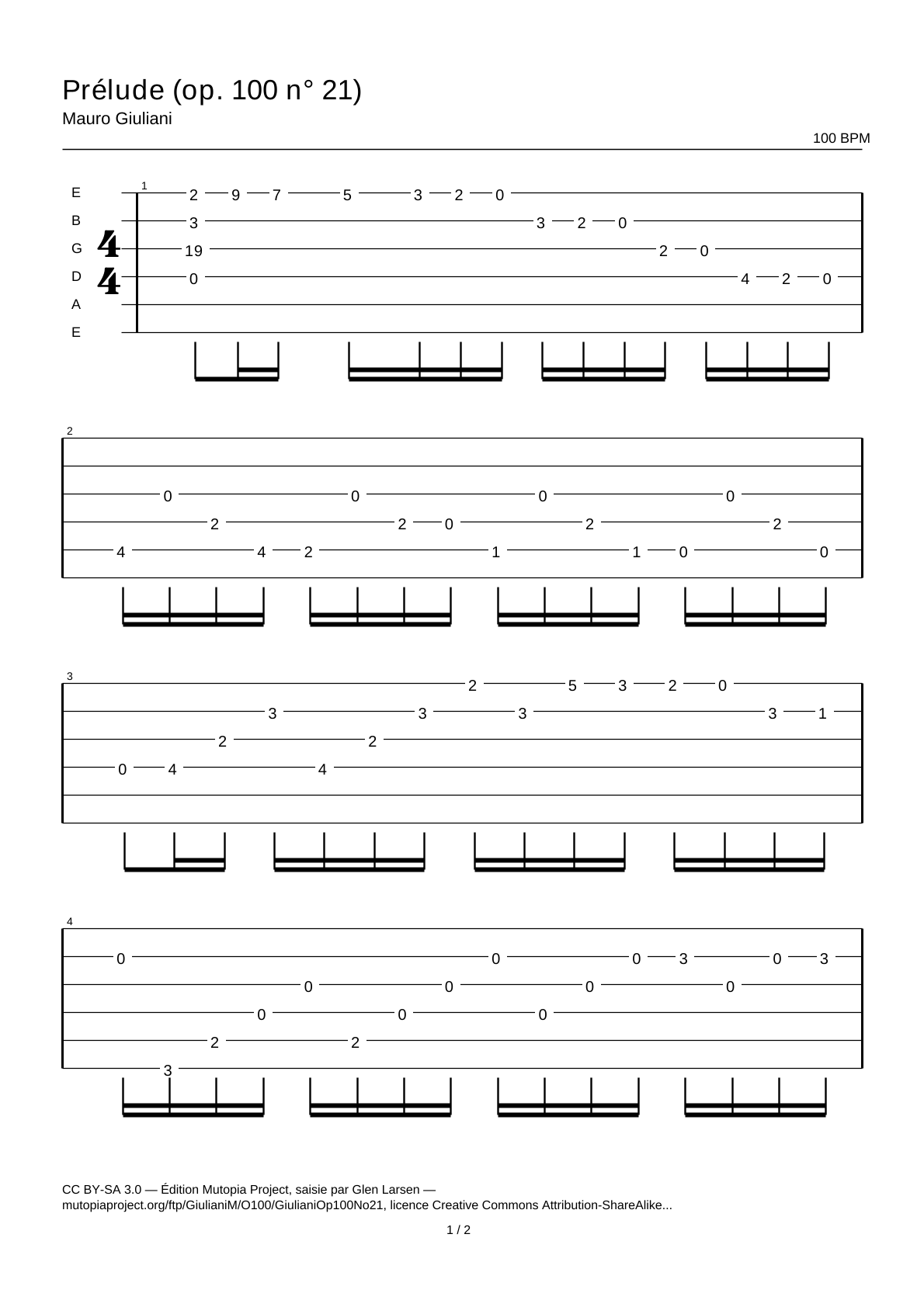 Preludio (op. 100 n.º 21) — Tablatura de guitarra