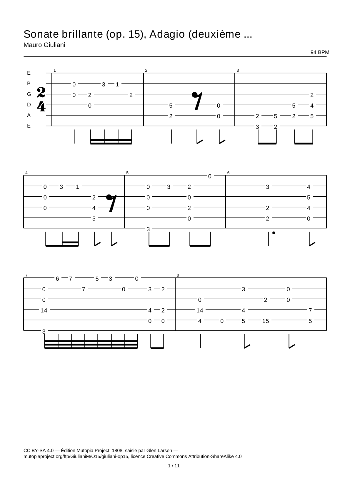Sonata brillante (op. 15), Adagio (segundo movimiento) — Tablatura de guitarra