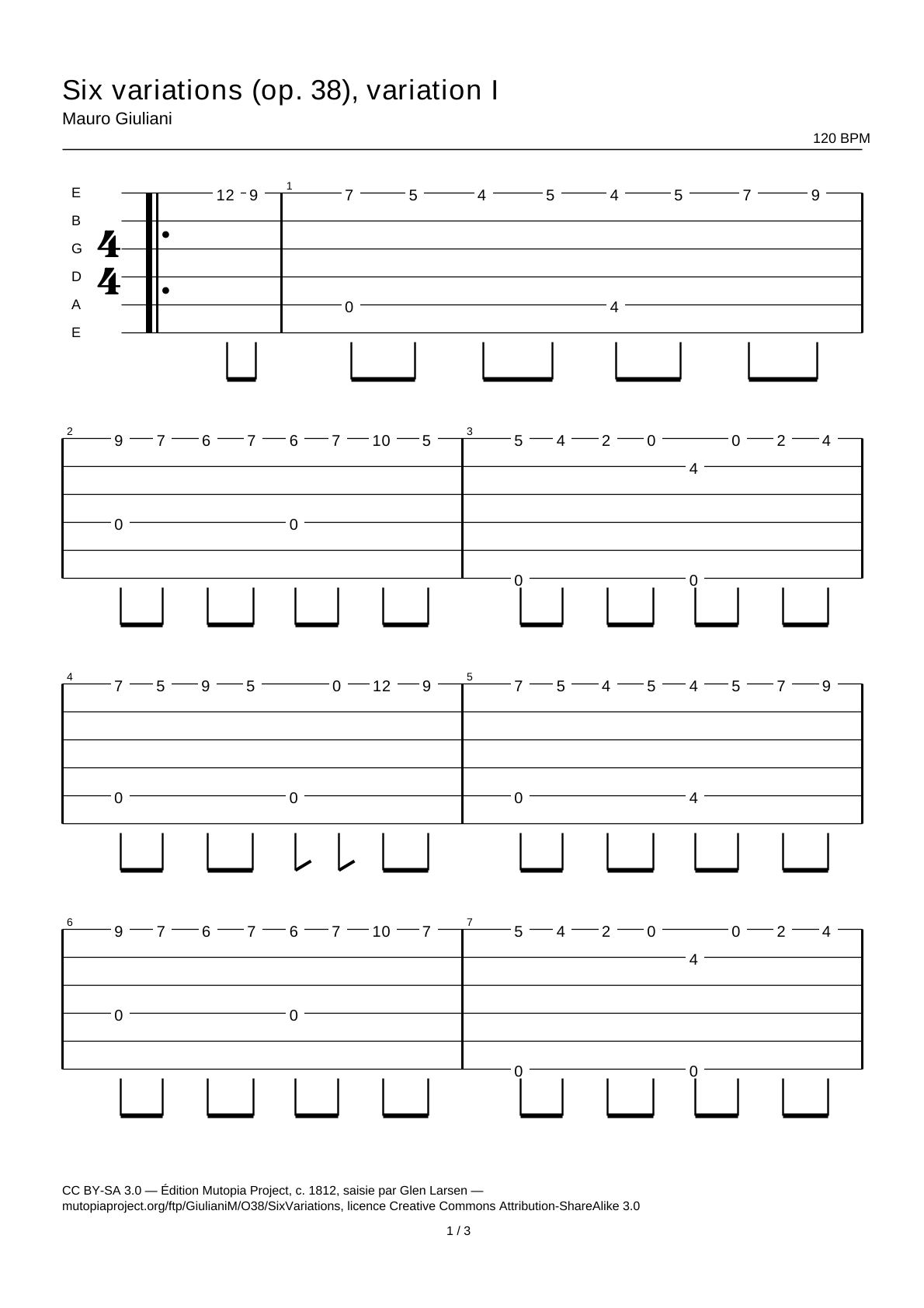 Seis variaciones (op. 38), variación I — Tablatura de guitarra