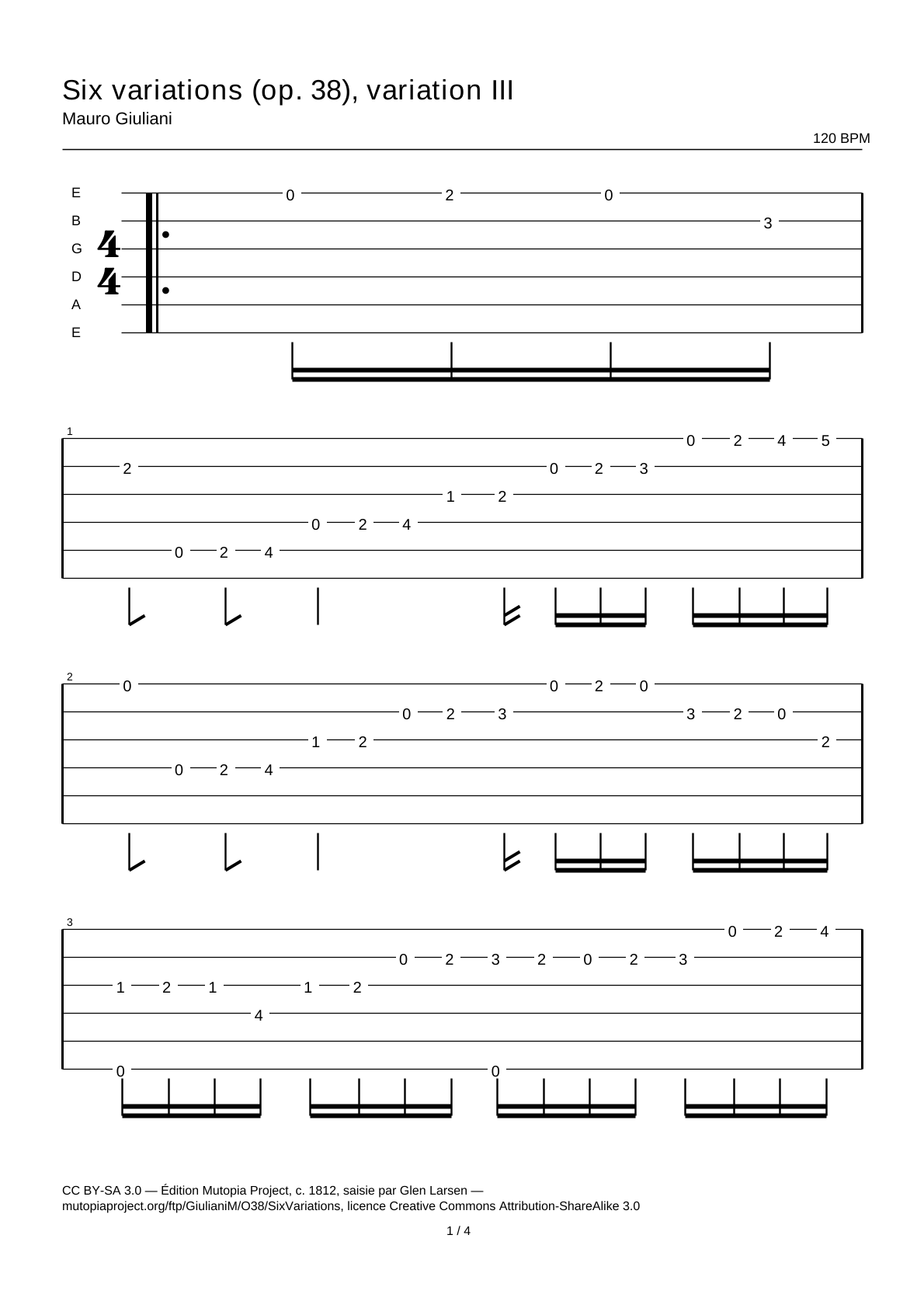 Seis variaciones (op. 38), variación III — Tablatura de guitarra