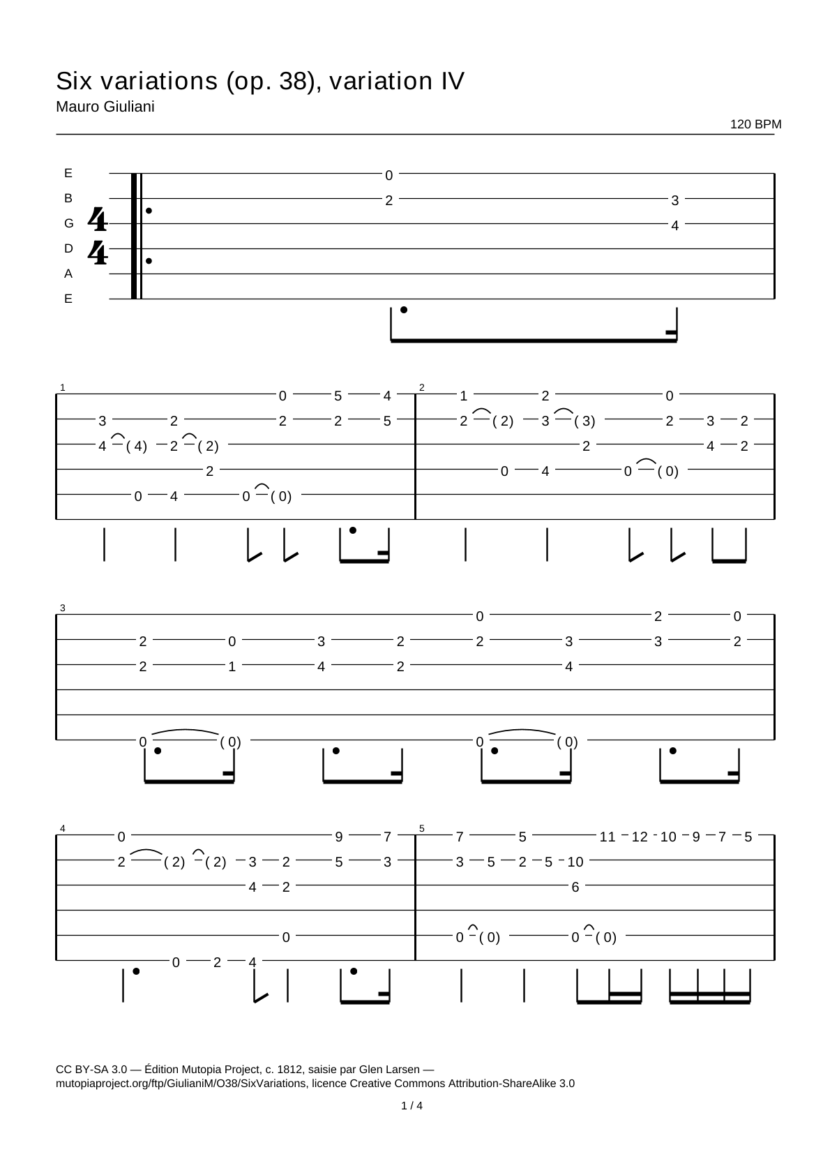 Seis variaciones (op. 38), variación IV — Tablatura de guitarra