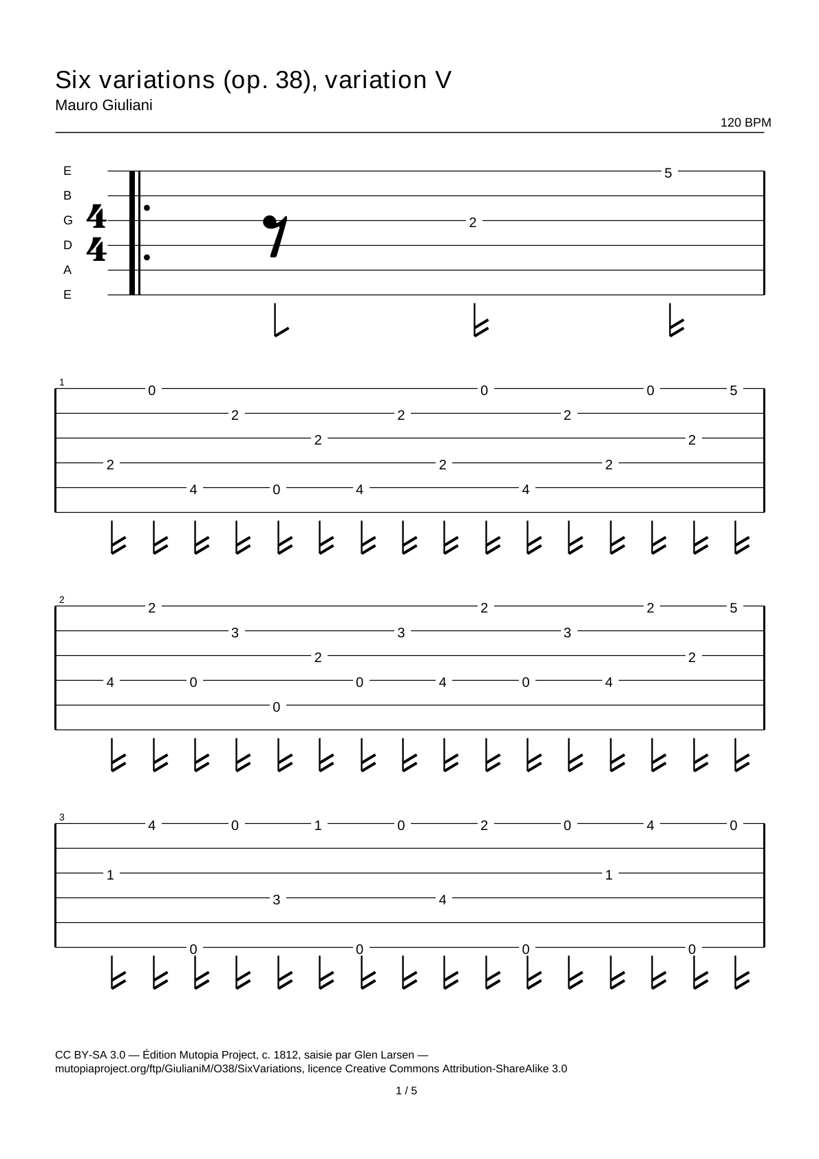 Seis variaciones (op. 38), variación V — Tablatura de guitarra