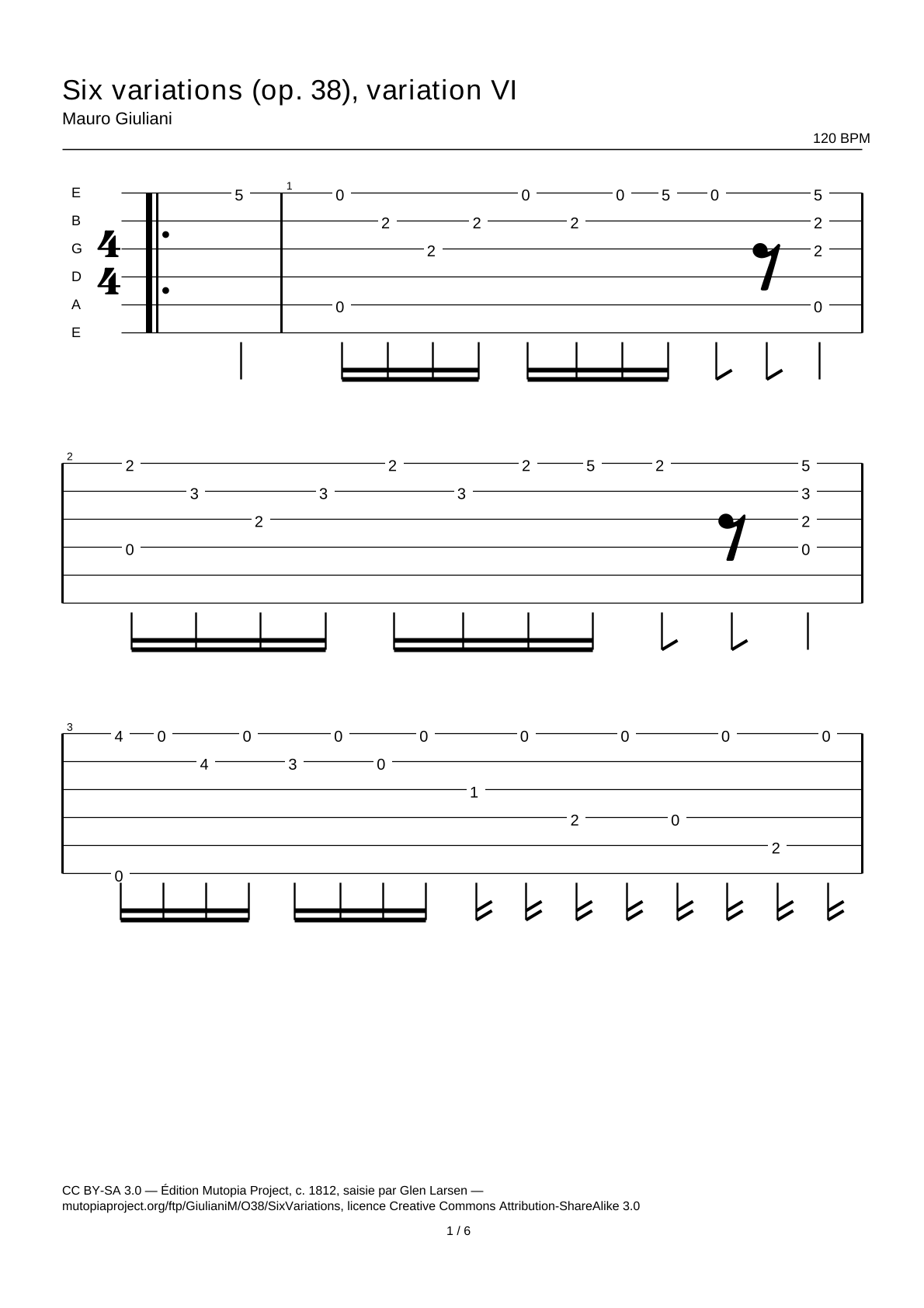 Seis variaciones (op. 38), variación VI — Tablatura de guitarra