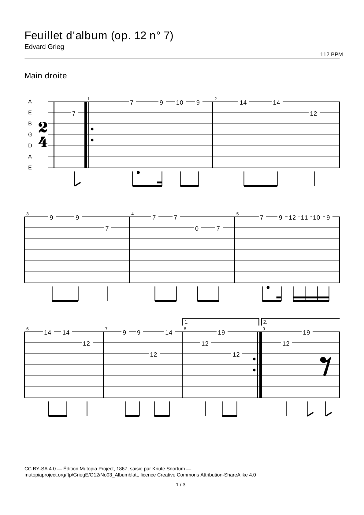 Hoja de álbum (op. 12 n.º 7) — Tablatura de guitarra