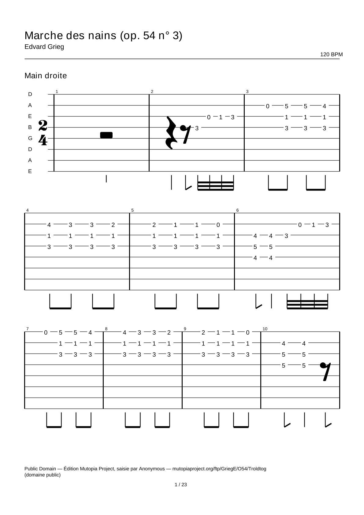 Marche des nains (op. 54 n° 3) — Tablature guitare