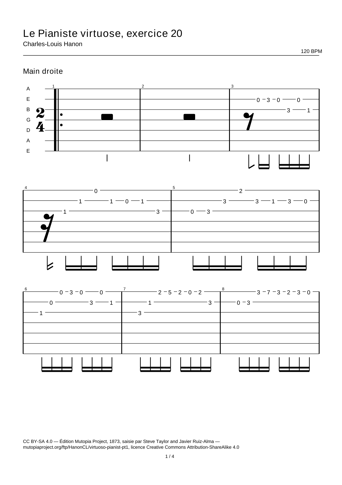 The Virtuoso Pianist, Exercise 20 — Guitar Tab