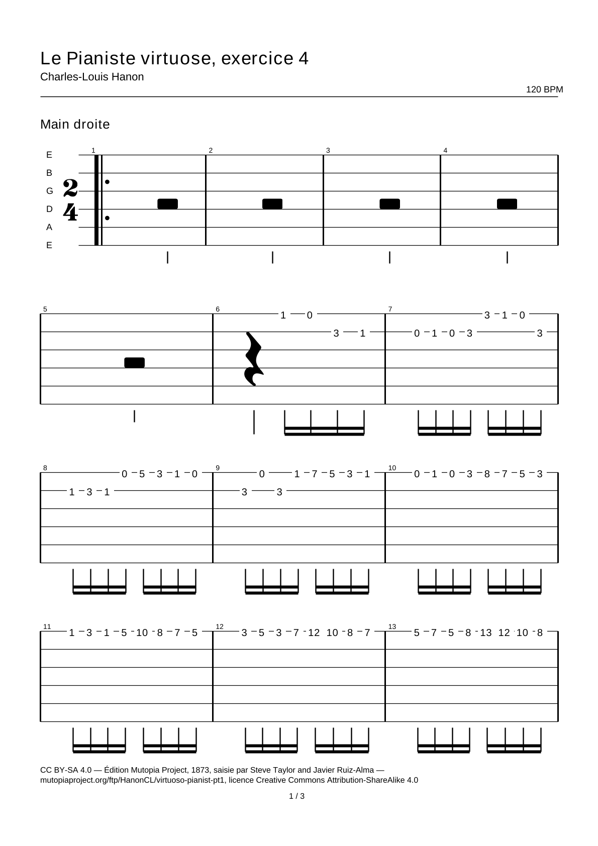 El pianista virtuoso, ejercicio 4 — Tablatura de guitarra