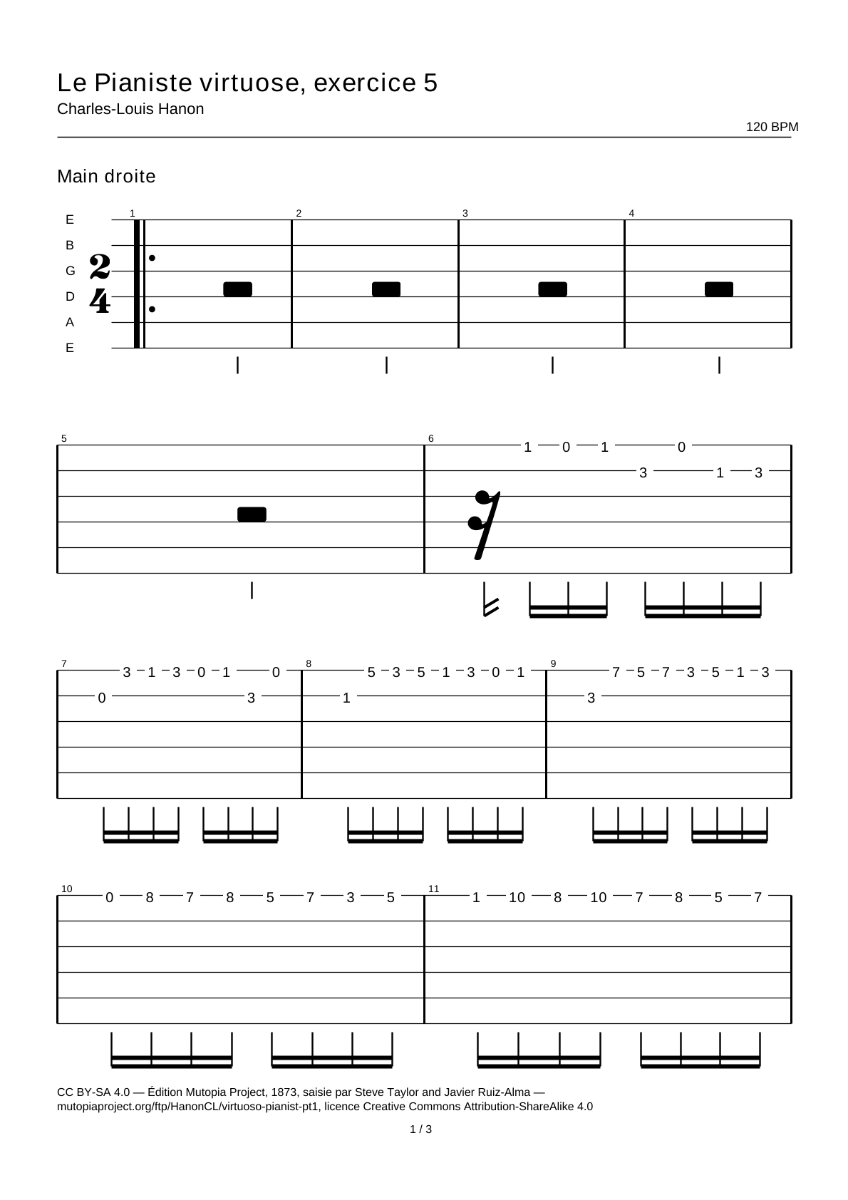 El pianista virtuoso, ejercicio 5 — Tablatura de guitarra