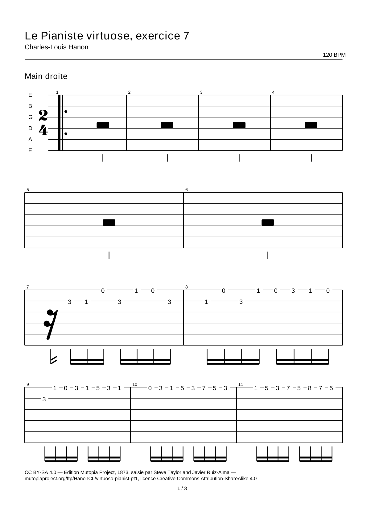 El pianista virtuoso, ejercicio 7 — Tablatura de guitarra
