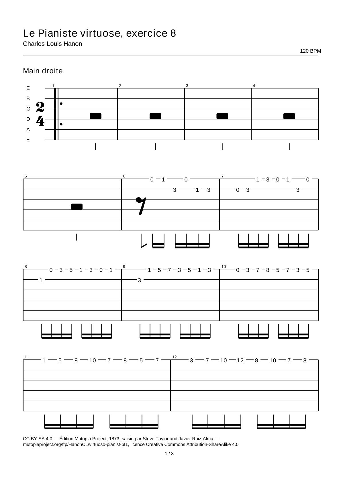 El pianista virtuoso, ejercicio 8 — Tablatura de guitarra