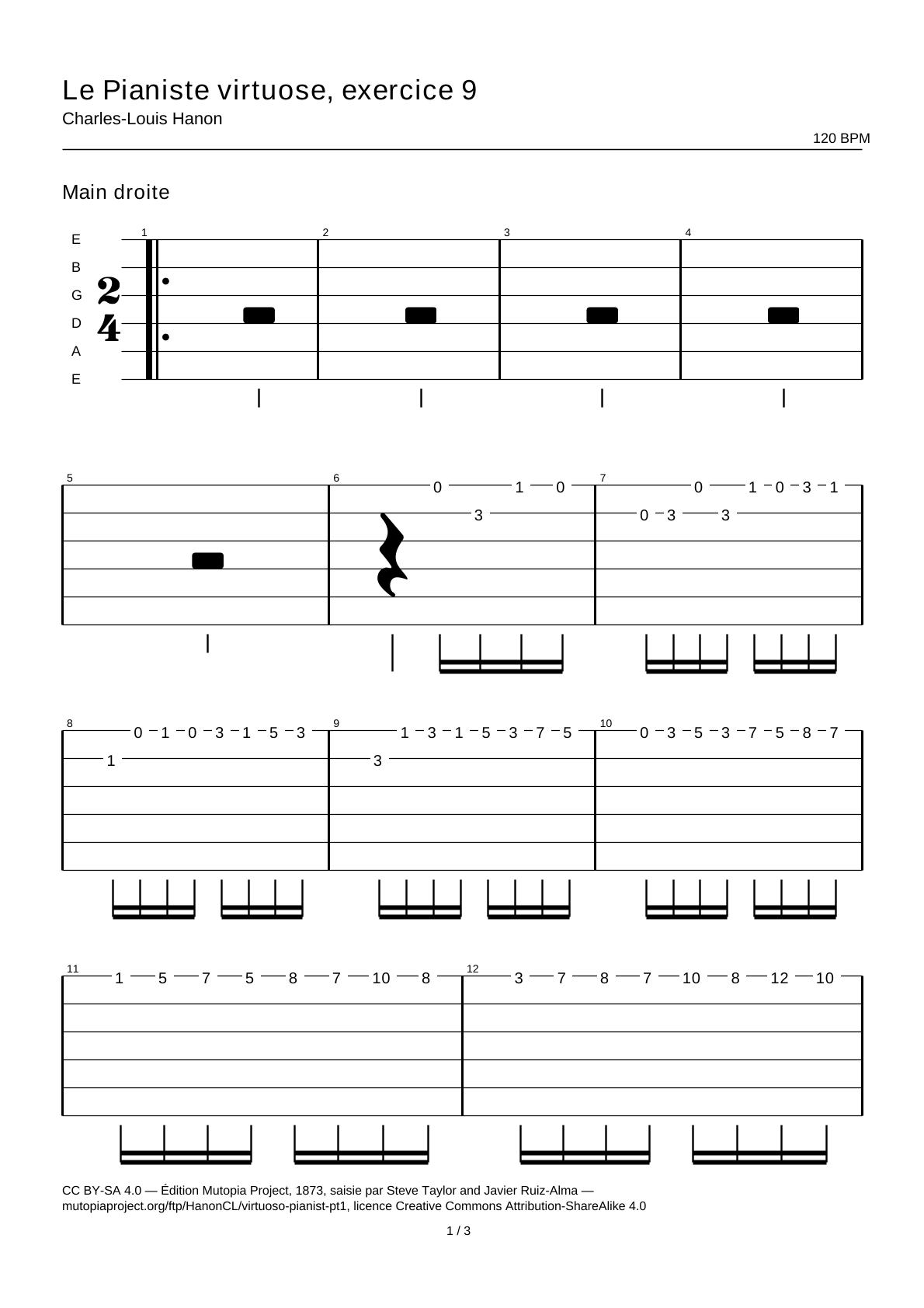 El pianista virtuoso, ejercicio 9 — Tablatura de guitarra
