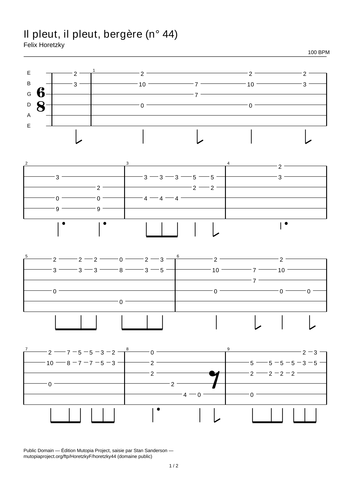 Il pleut, il pleut, bergère (No. 44) — Guitar Tab
