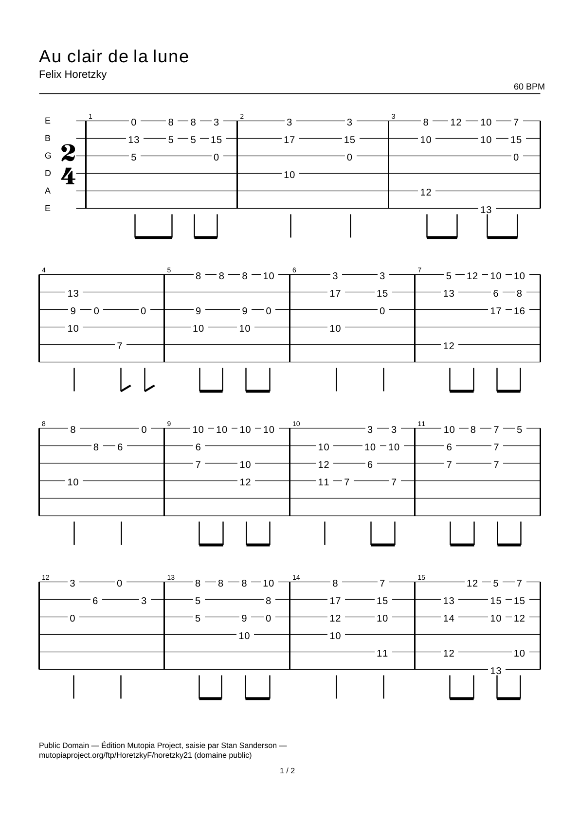 Au clair de la lune — Tablatura de guitarra