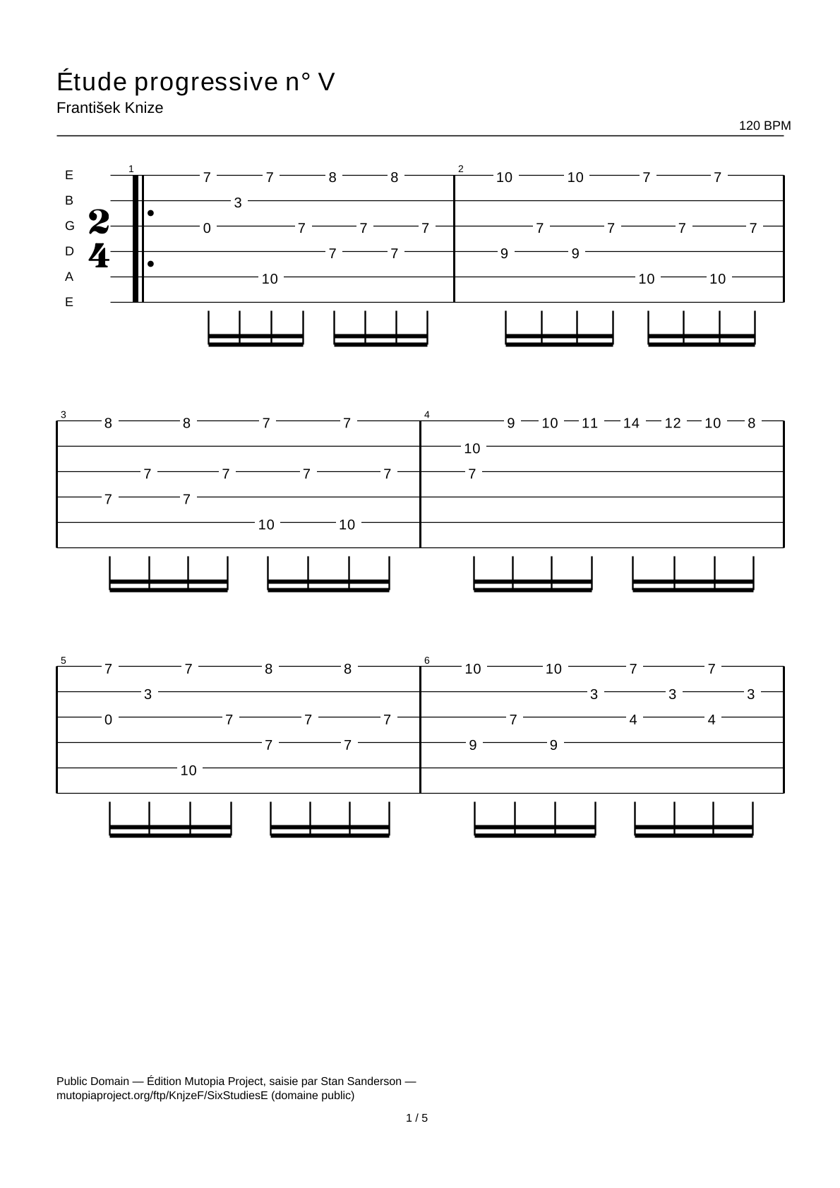 Estudio progresivo n.º V — Tablatura de guitarra