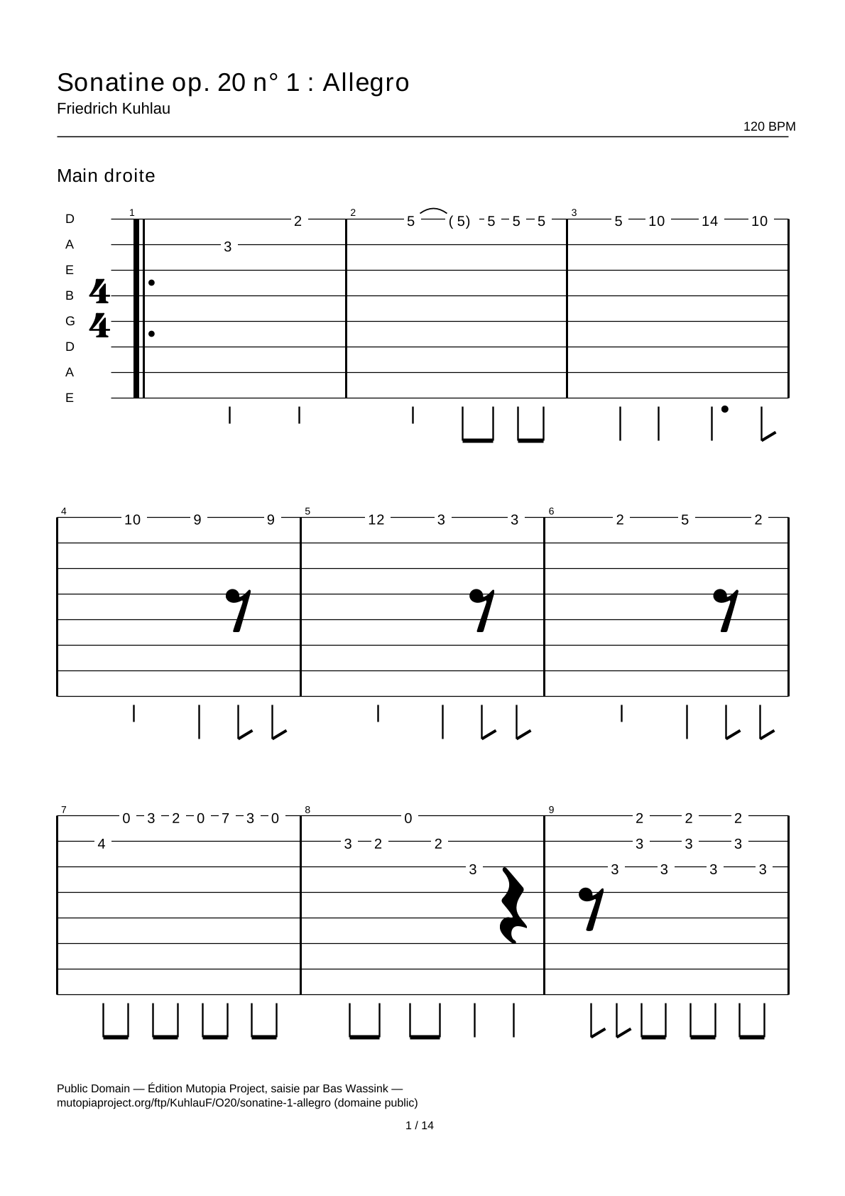 Sonatine op. 20 n° 1 : Allegro — Tablature guitare