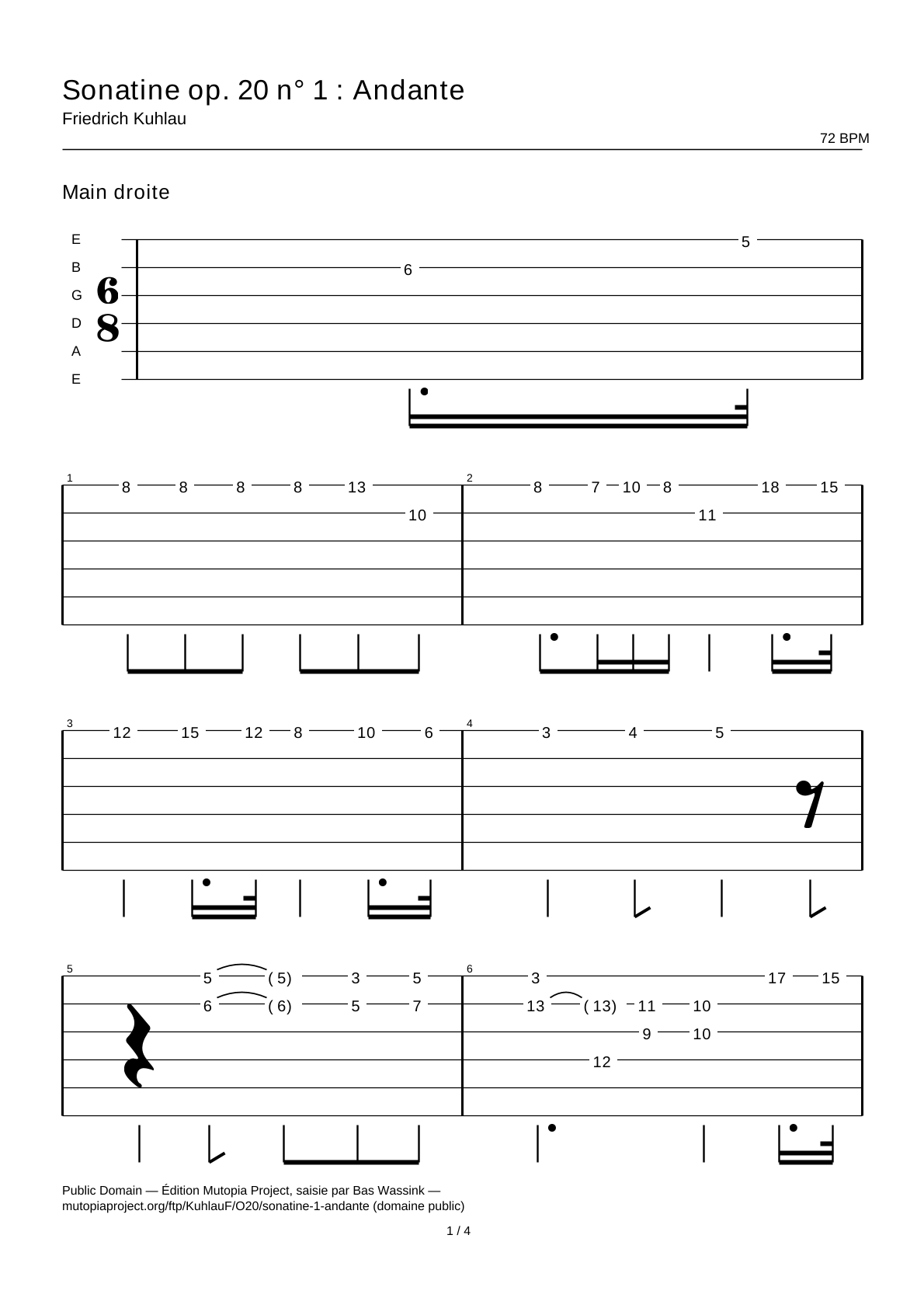 Sonatine op. 20 n° 1 : Andante — Tablature guitare