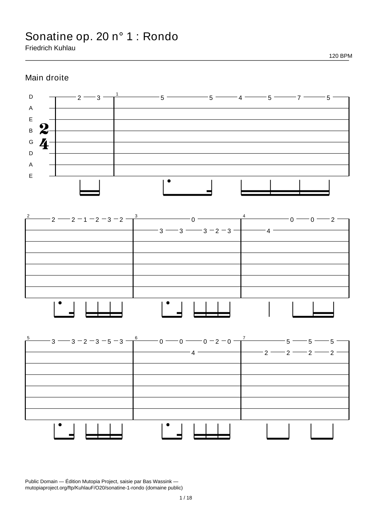 Sonatine op. 20 n° 1 : Rondo — Tablature guitare