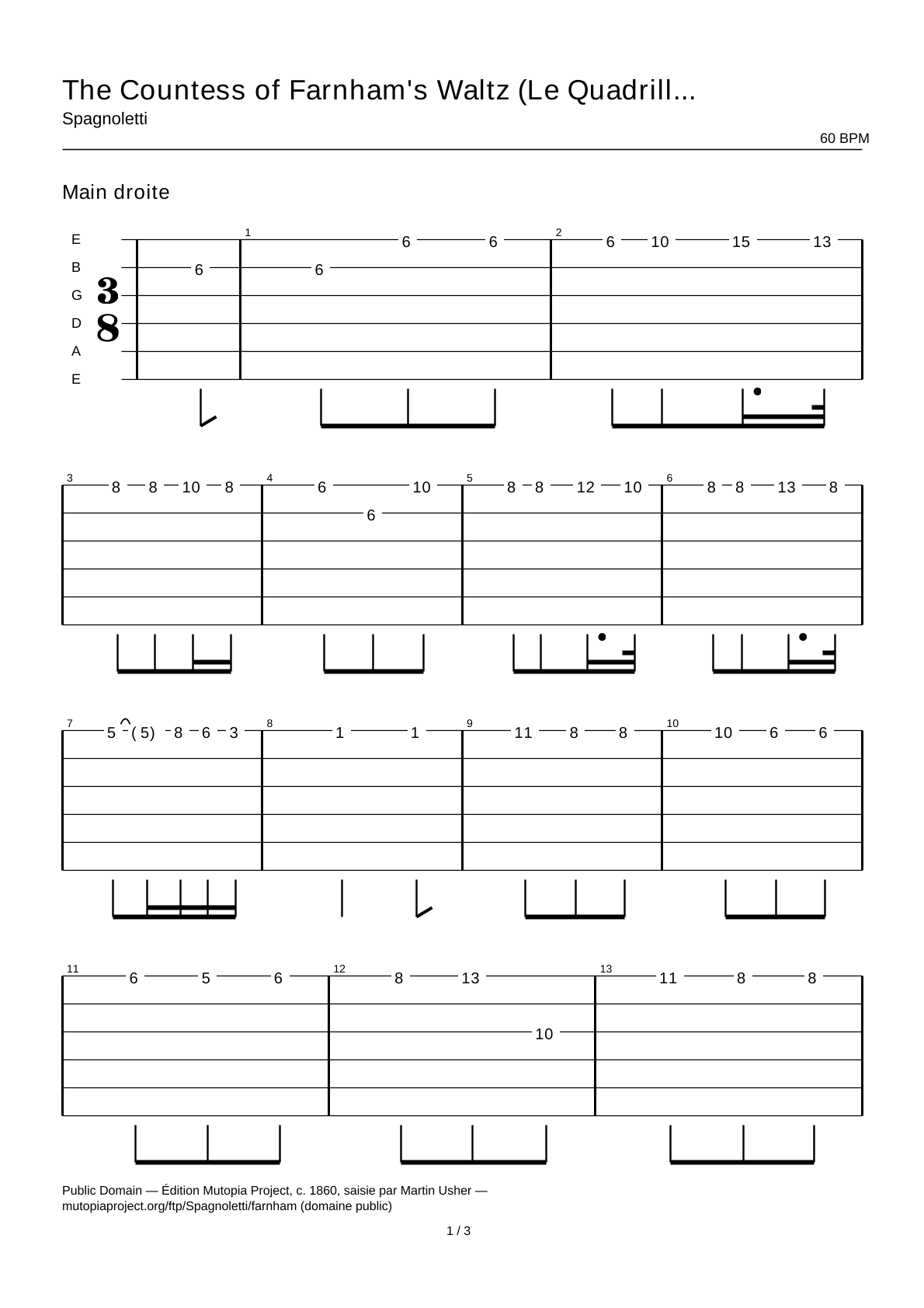 The Countess of Farnham's Waltz (Le Quadrille des lanciers, n° 6) — Tablature guitare