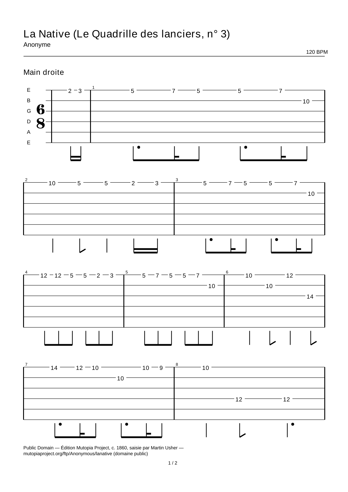 La Native (The Lancers' Quadrilles, No. 3) — Guitar Tab