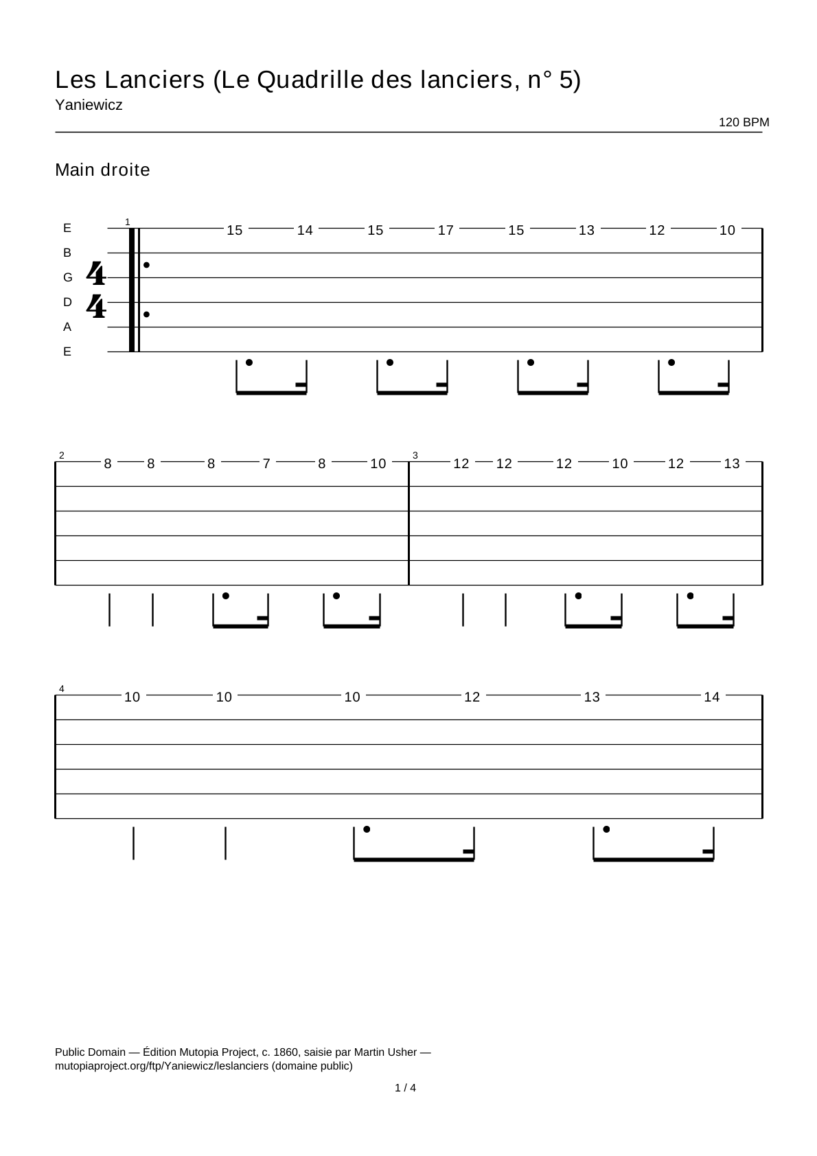 Les Lanciers (Le Quadrille des lanciers, n° 5) — Tablature guitare