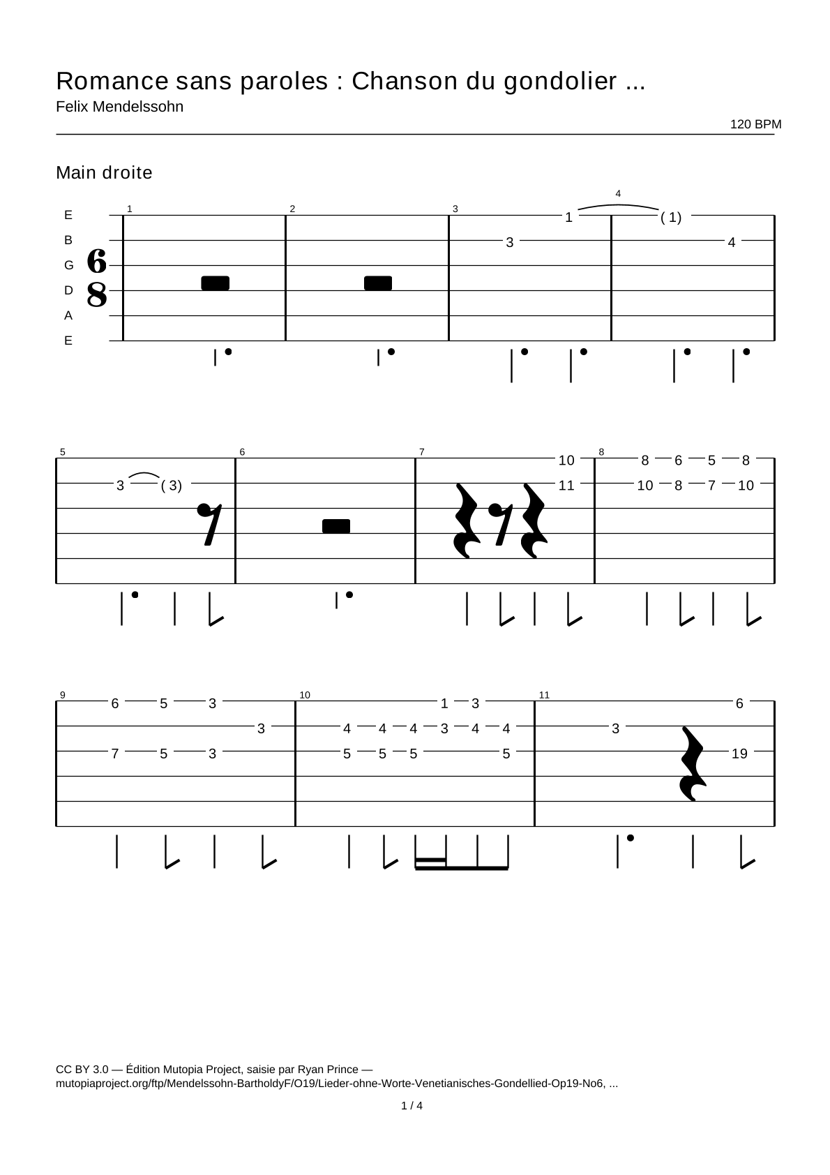 Romance sans paroles : Chanson du gondolier vénitien (op. 19 n° 6) — Tablature guitare