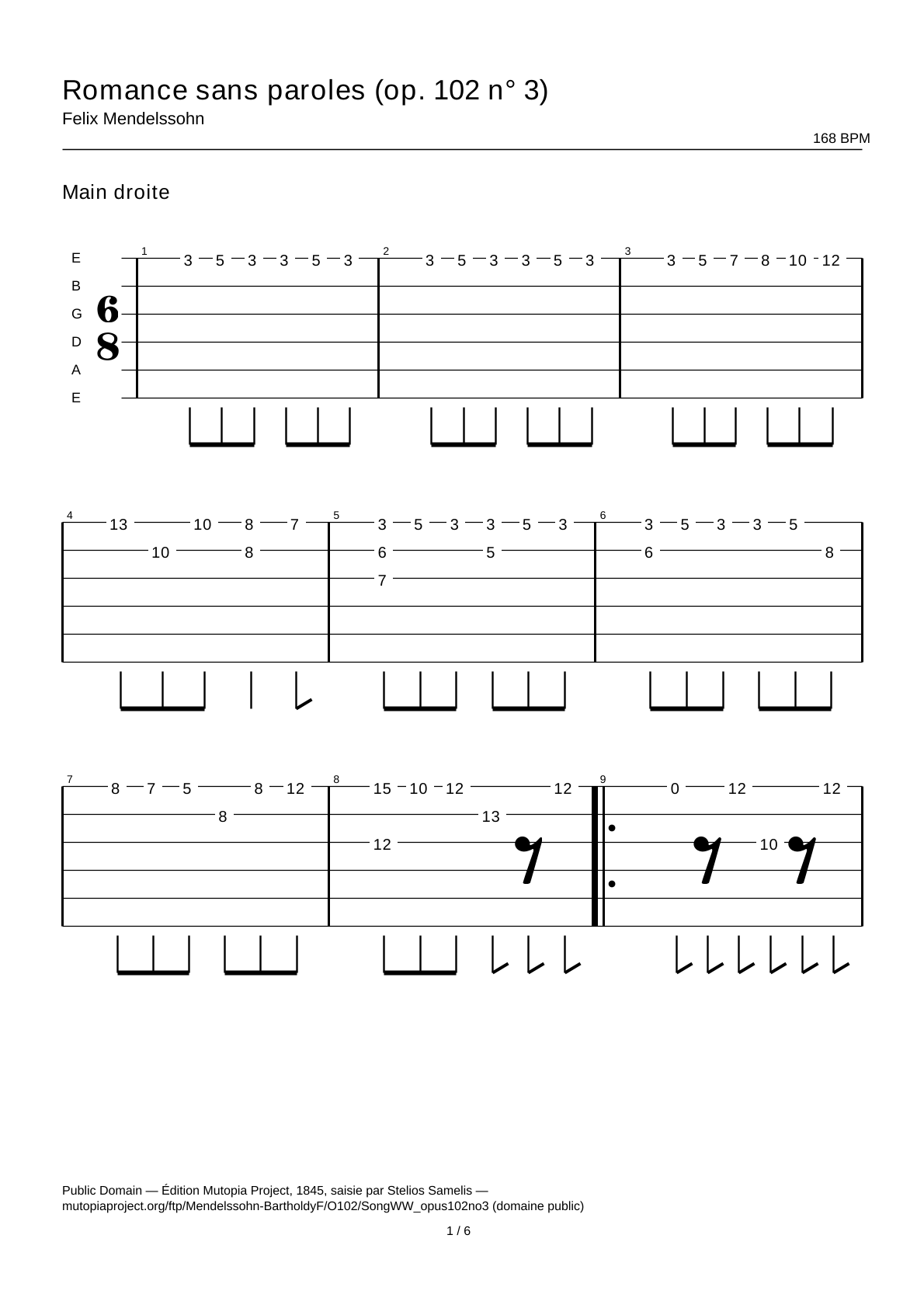 Song without Words (Op. 102 No. 3) — Guitar Tab