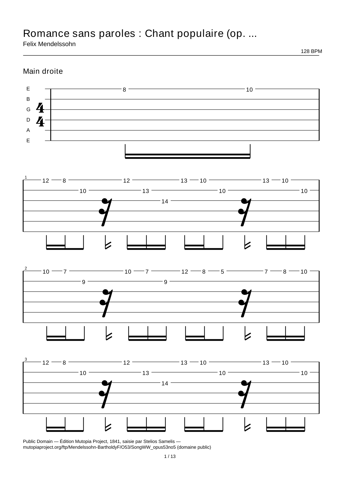 Romanza sin palabras: Canción popular (op. 53 n.º 5) — Tablatura de guitarra