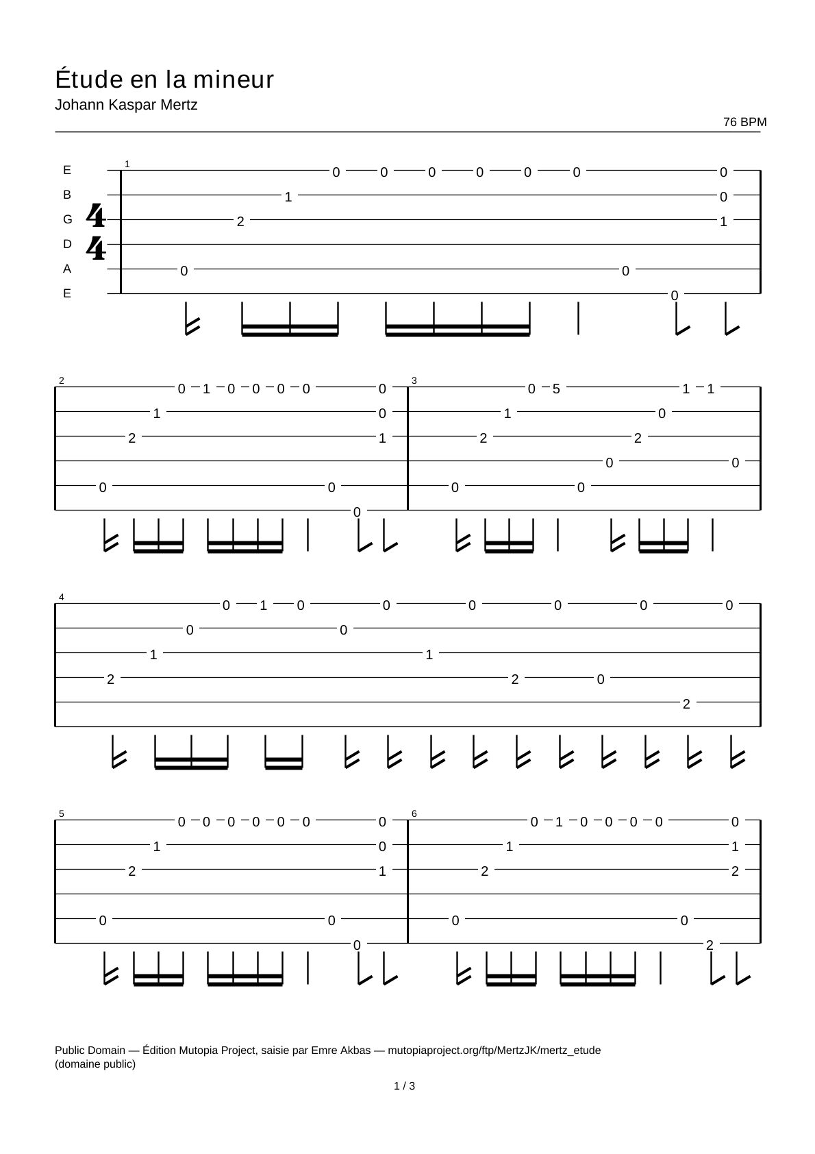 Étude en la mineur — Tablature guitare