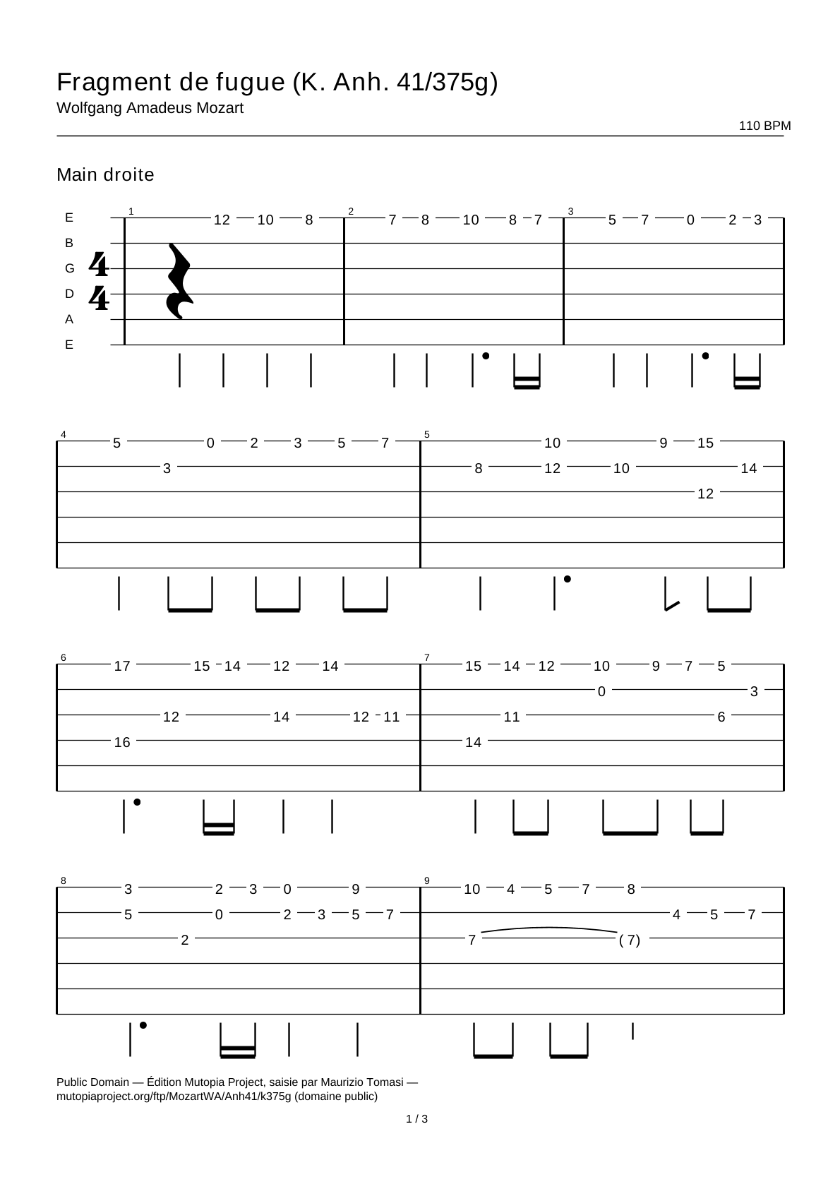 Fragment de fugue (K. Anh. 41/375g) — Tablature guitare