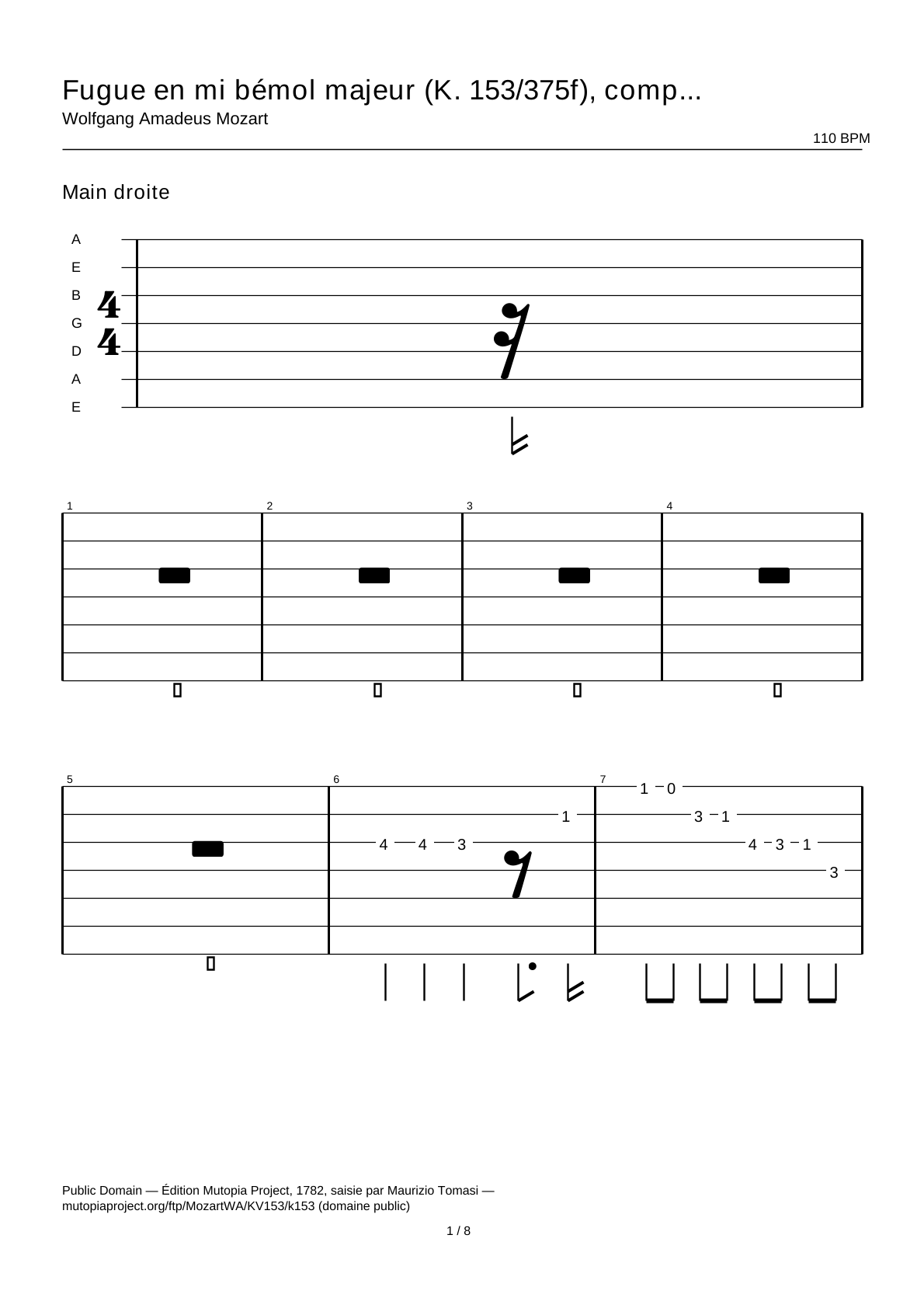 Fuga en mi bemol mayor (K. 153/375f), completada por Simon Sechter — Tablatura de guitarra