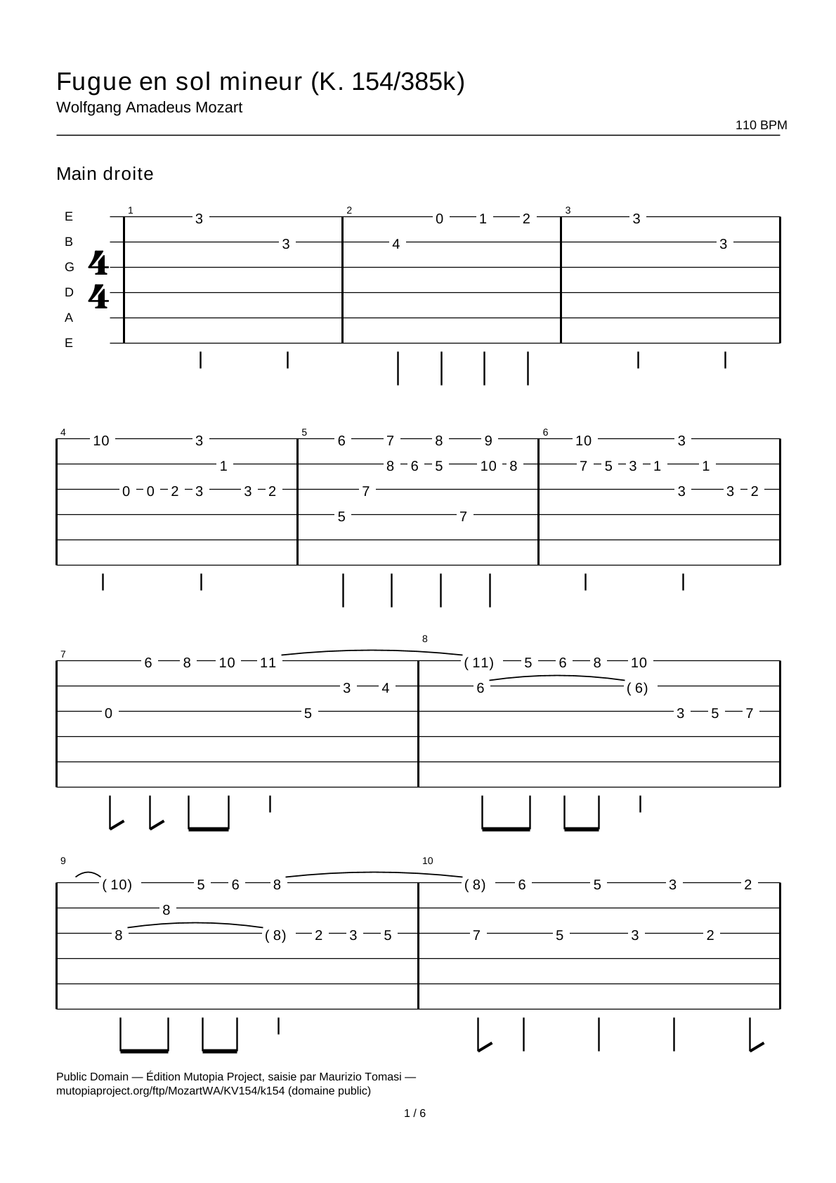 Fuga en sol menor (K. 154/385k) — Tablatura de guitarra