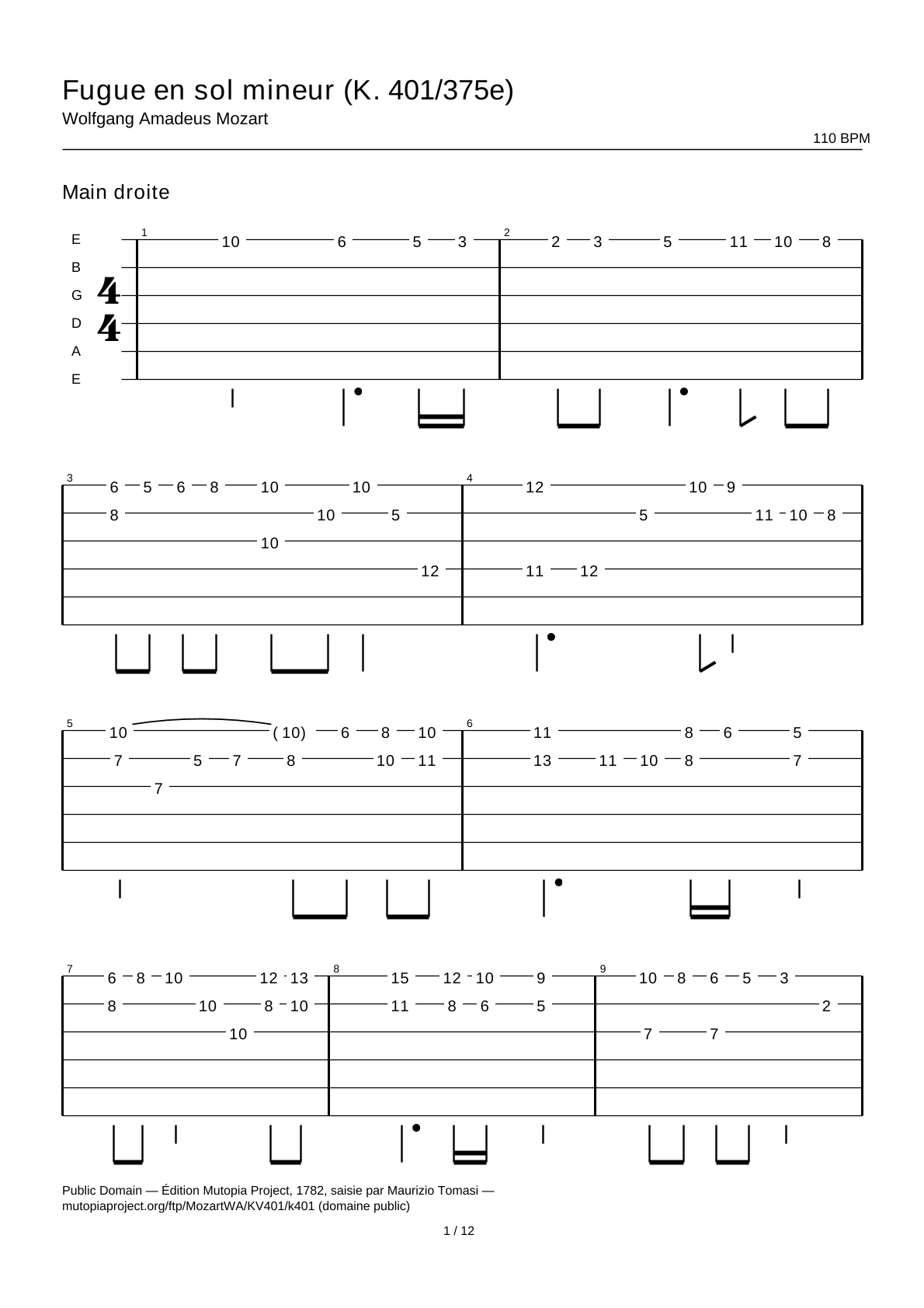 Fuga en sol menor (K. 401/375e) — Tablatura de guitarra