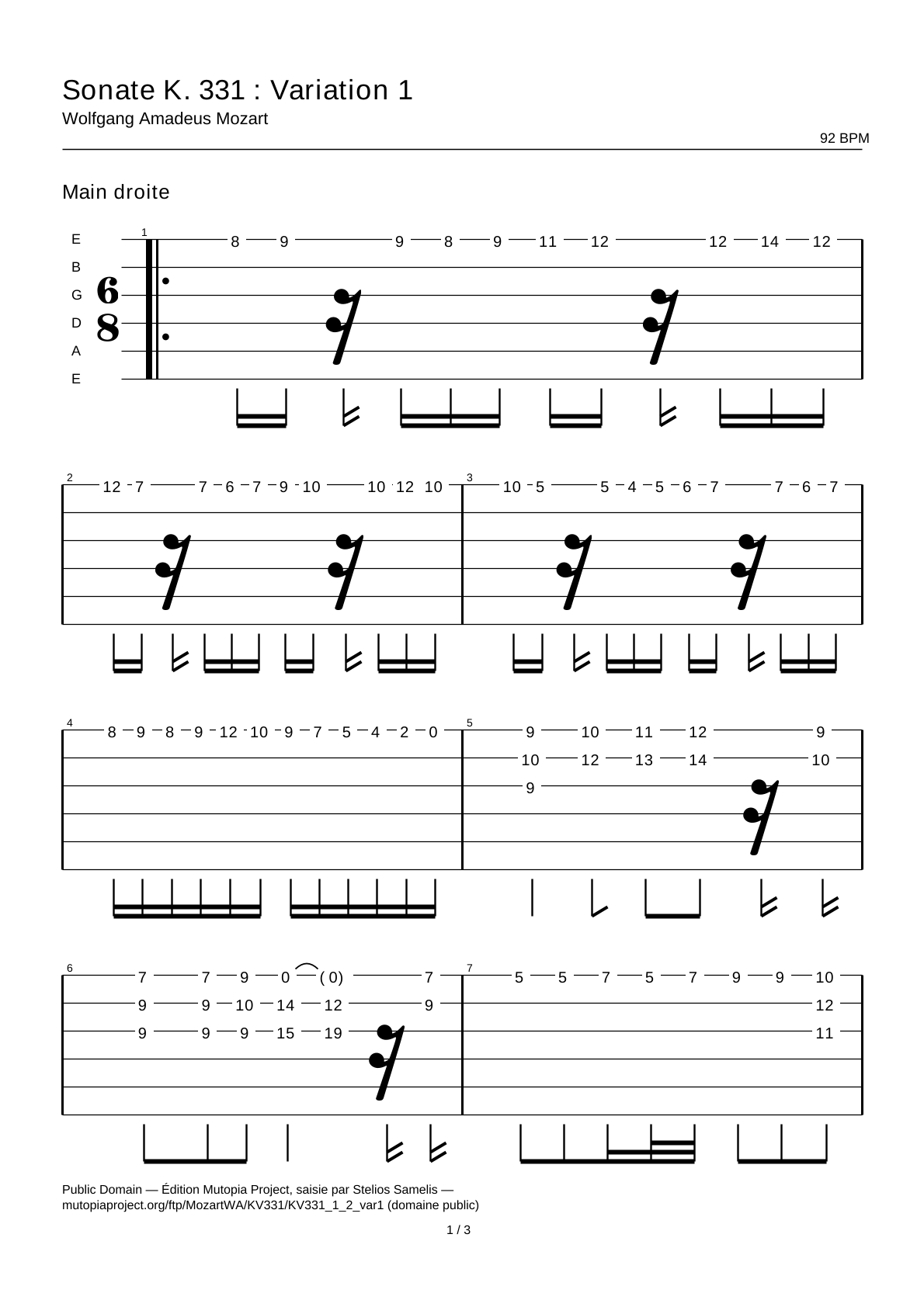 Sonata K. 331: Variation 1 — Guitar Tab