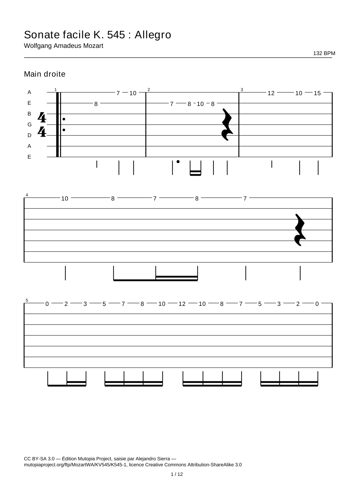 Sonata facile K. 545: Allegro — Guitar Tab