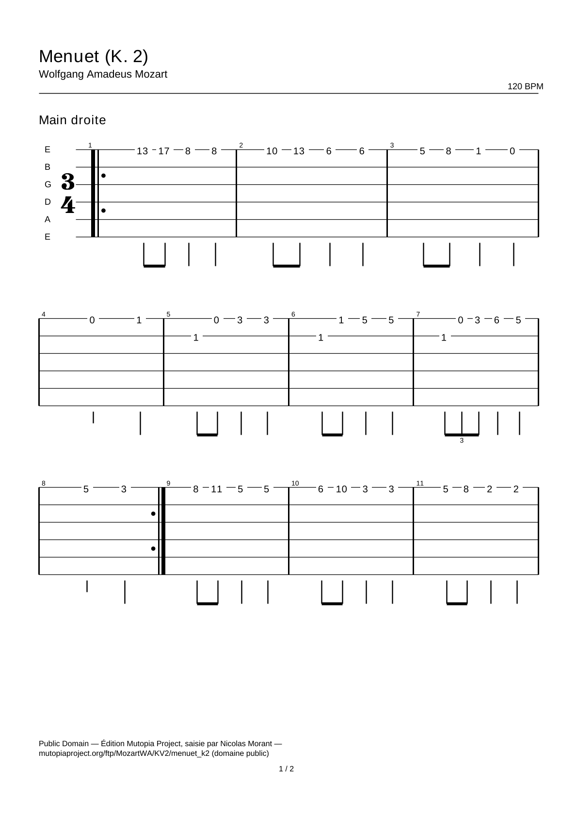 Menuet (K. 2) — Tablature guitare