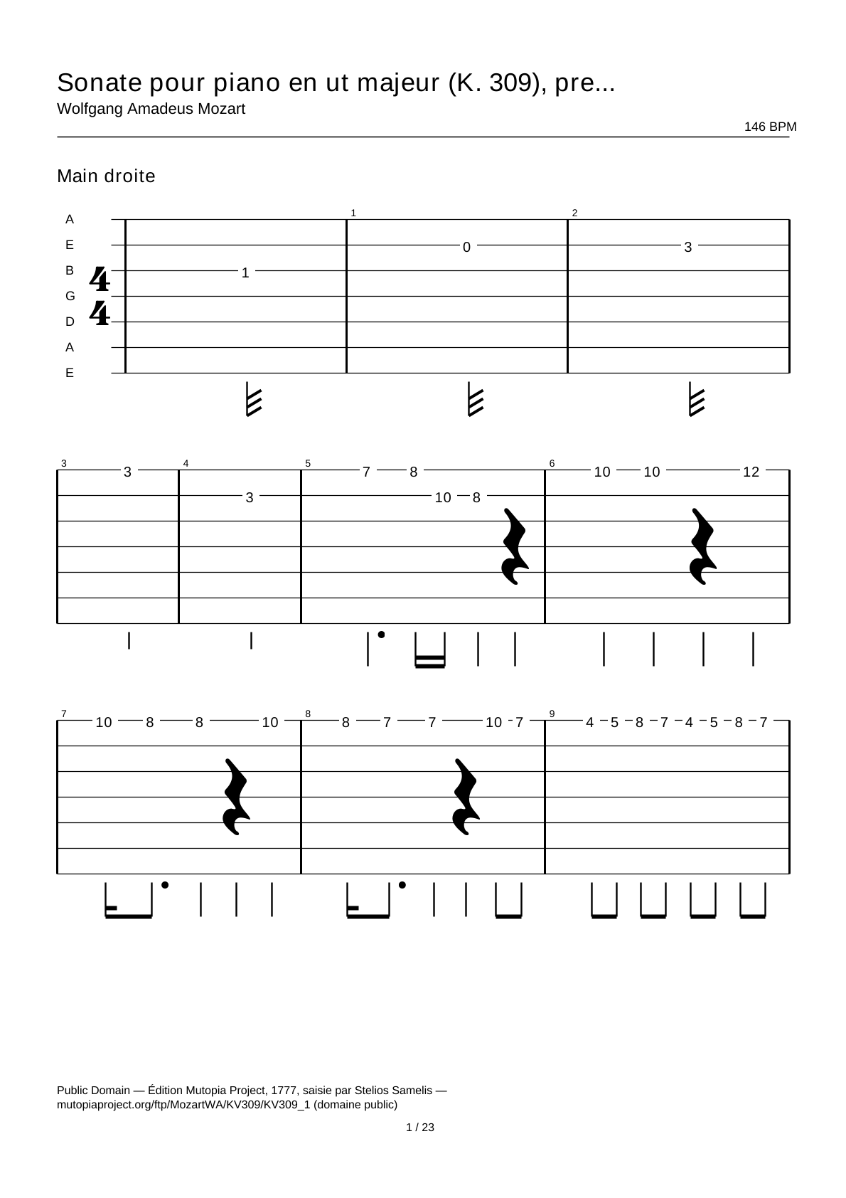 Piano Sonata in C major (K. 309), first movement — Guitar Tab