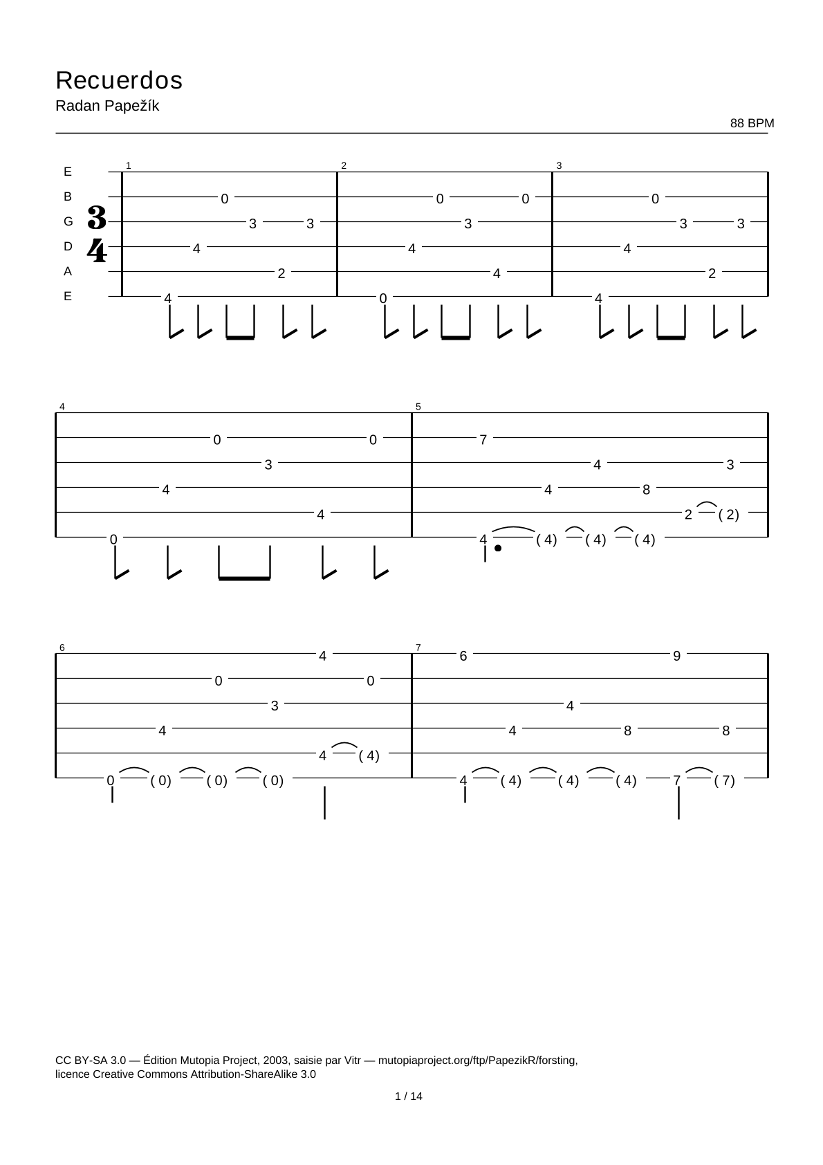 Recuerdos — Guitar Tab