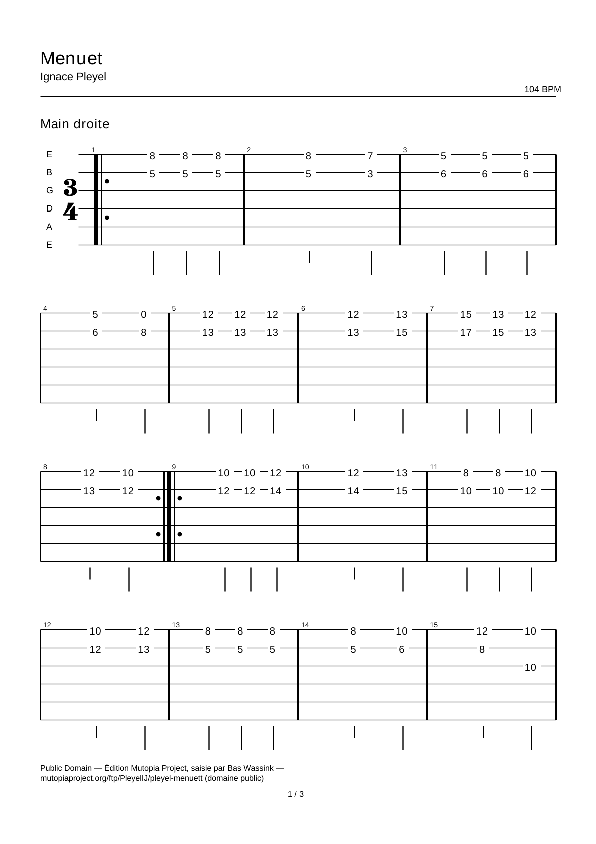 Minueto — Tablatura de guitarra