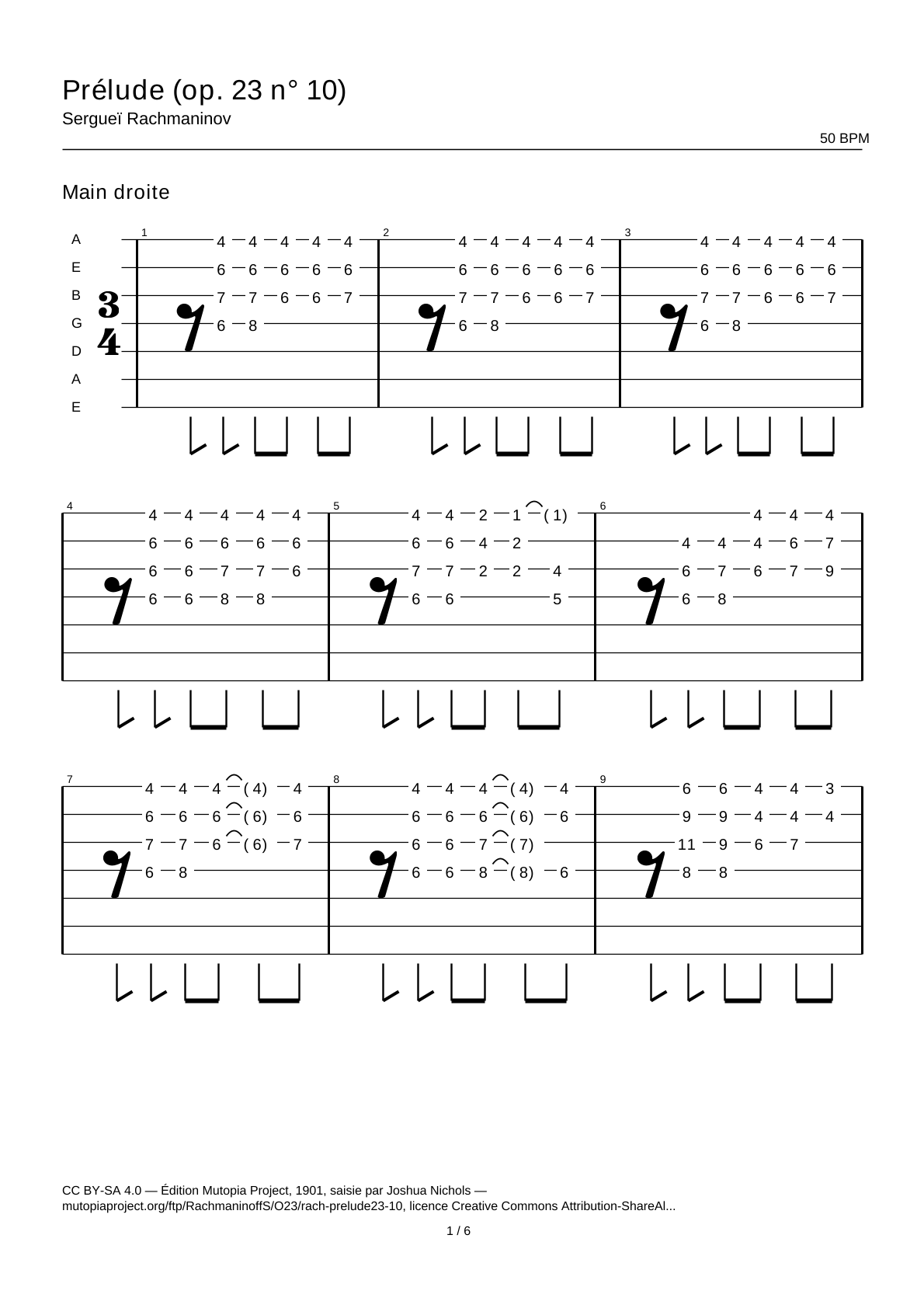 Preludio (op. 23 n.º 10) — Tablatura de guitarra